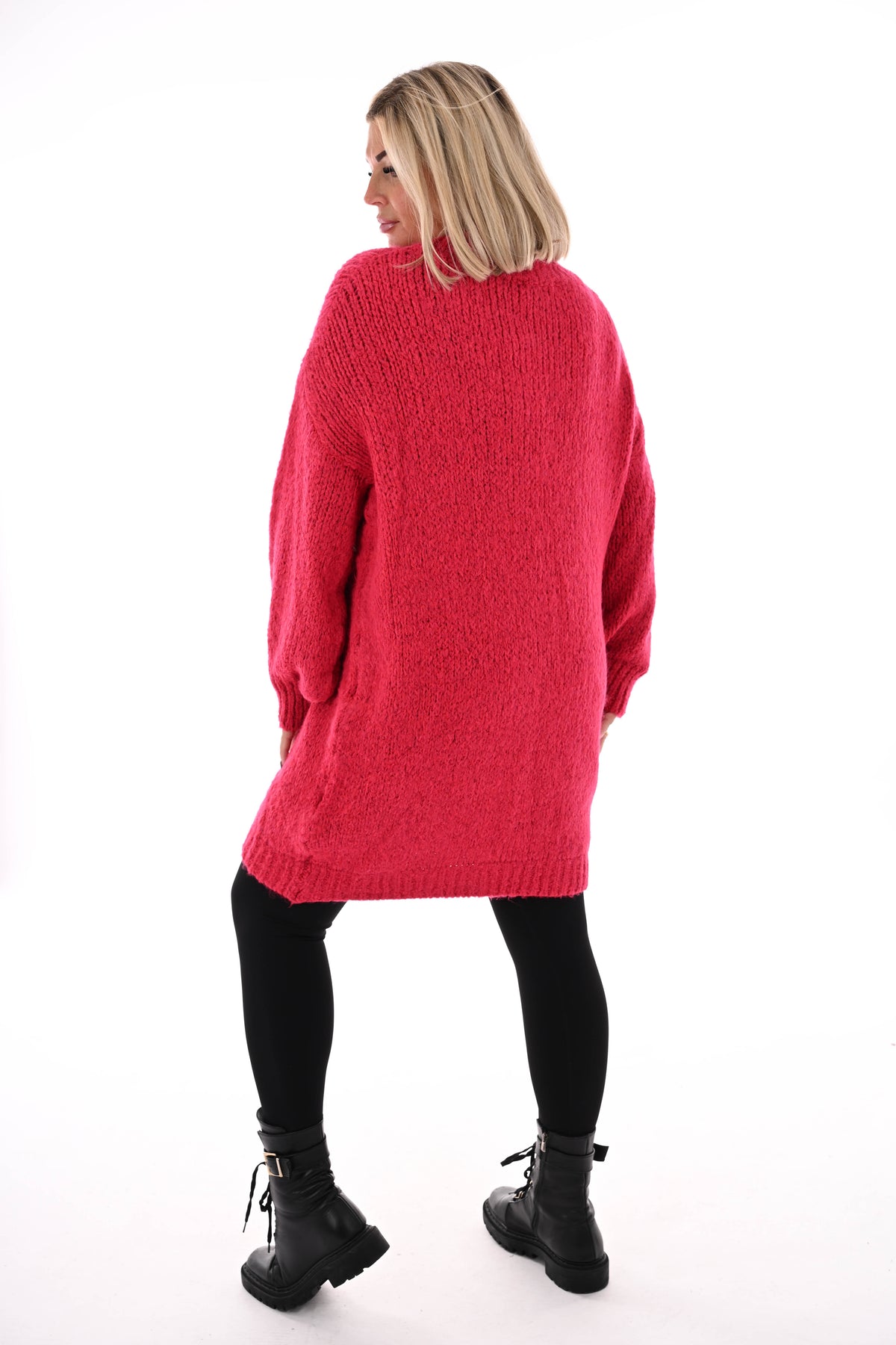 Lange trui pofmouwen uni fuchsia