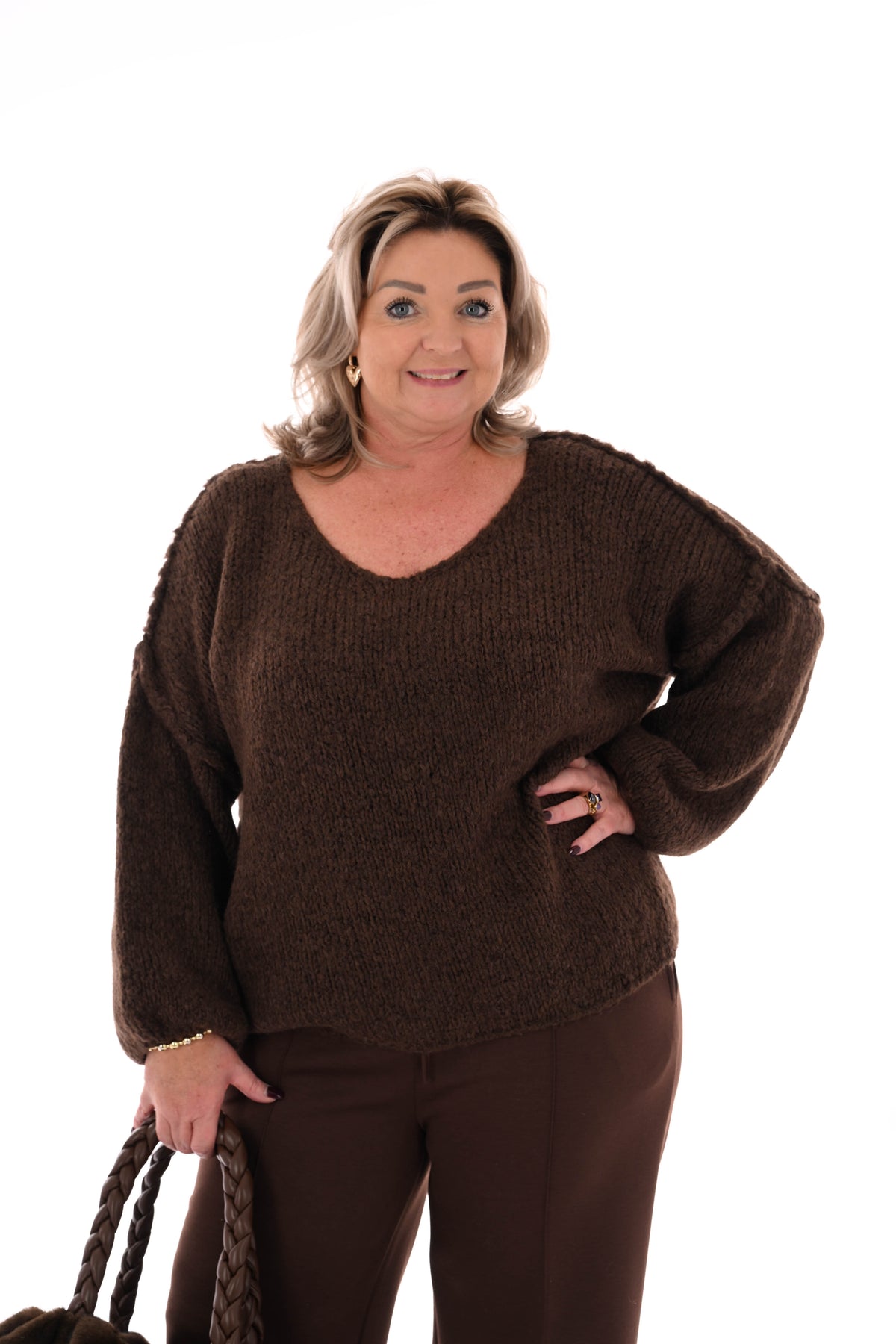 Grof gebreide trui v-hals donkerbruin