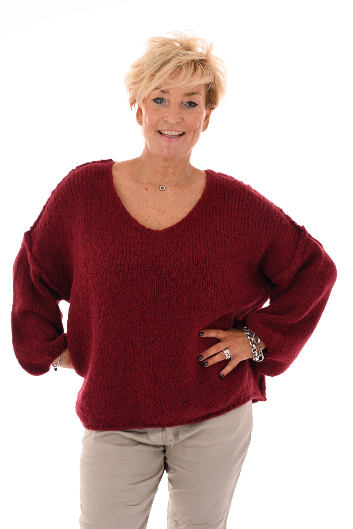 Grof gebreide trui v-hals bordeaux