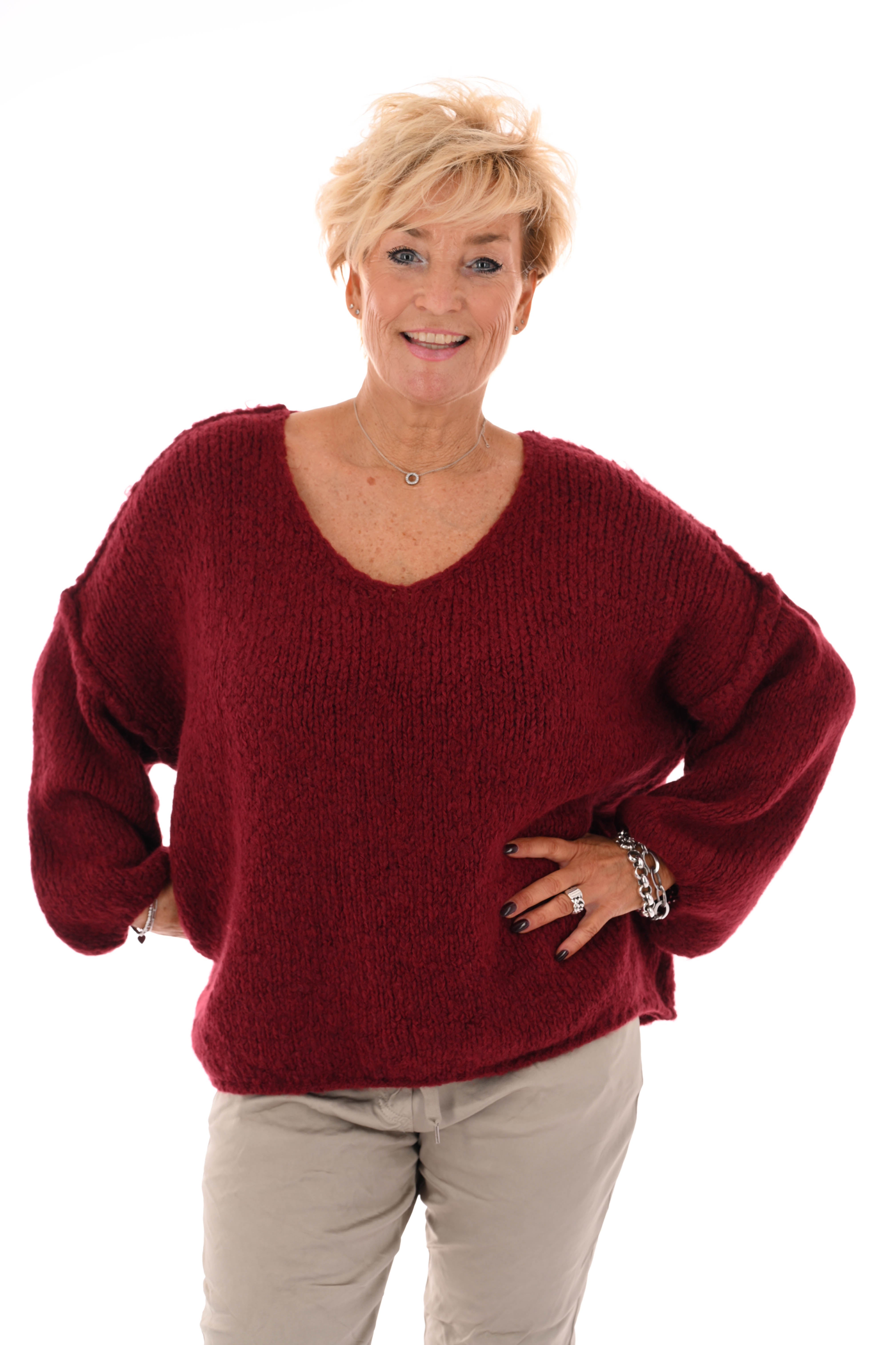 Grof gebreide trui v-hals bordeaux