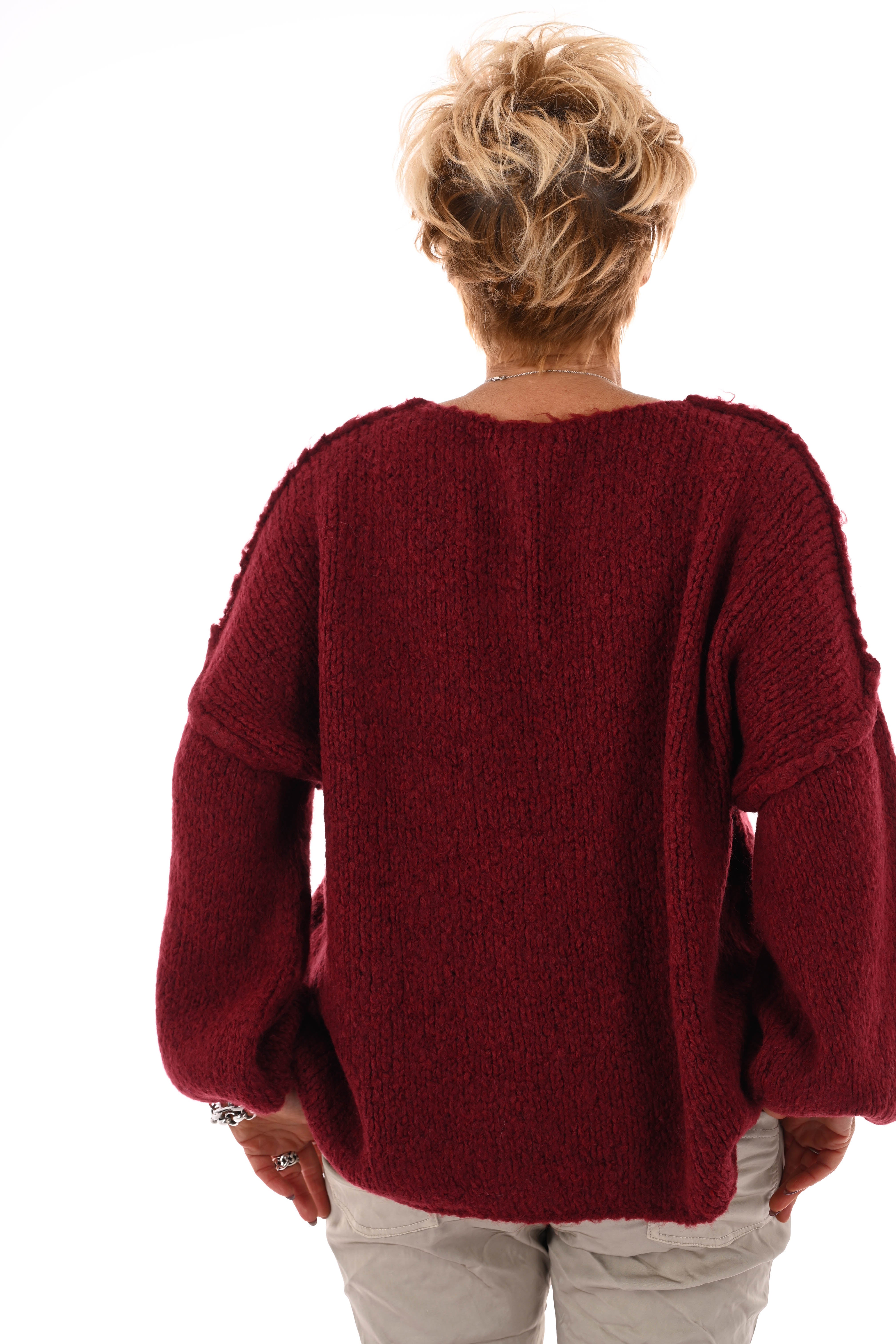 Grof gebreide trui v-hals bordeaux