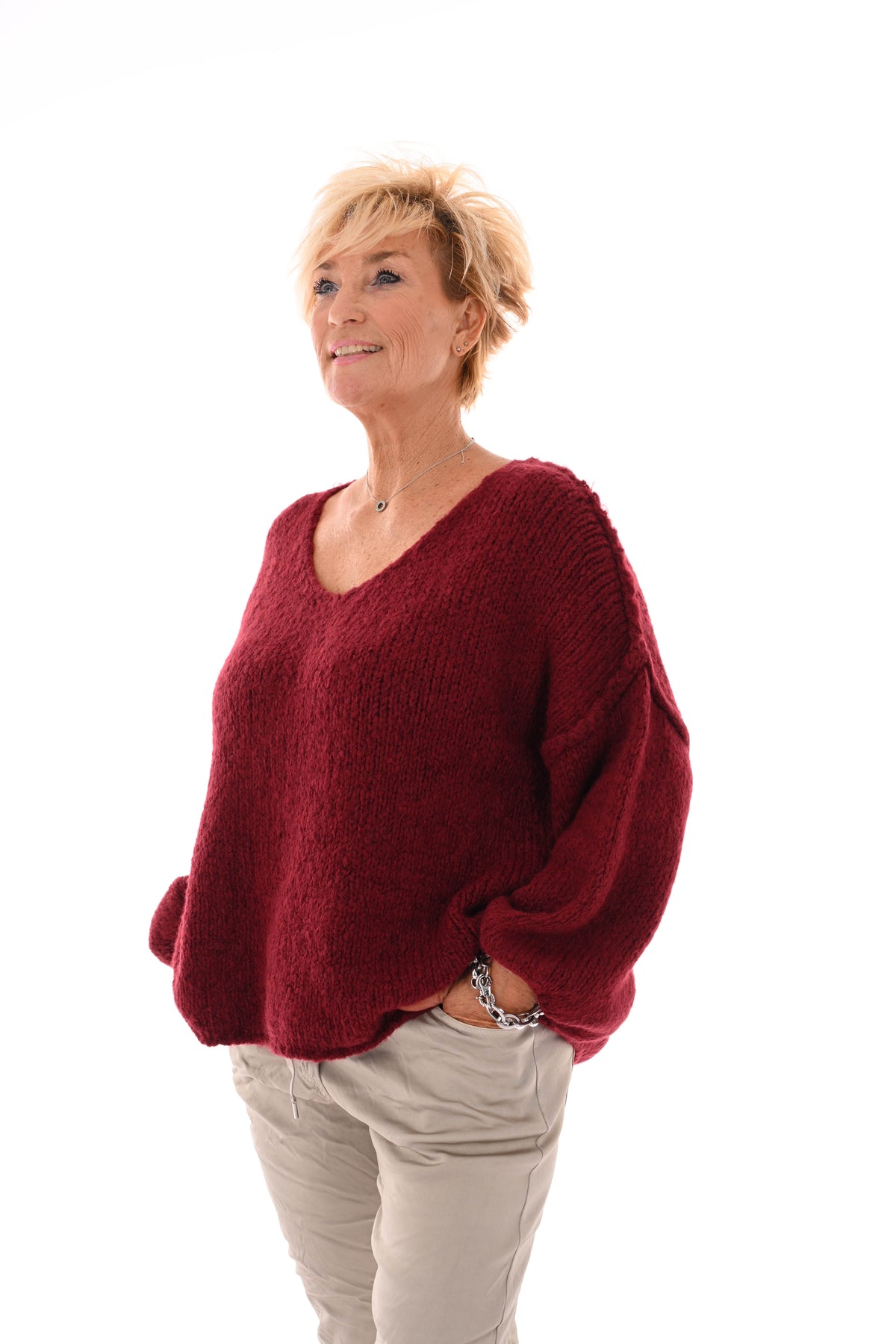 Grof gebreide trui v-hals bordeaux