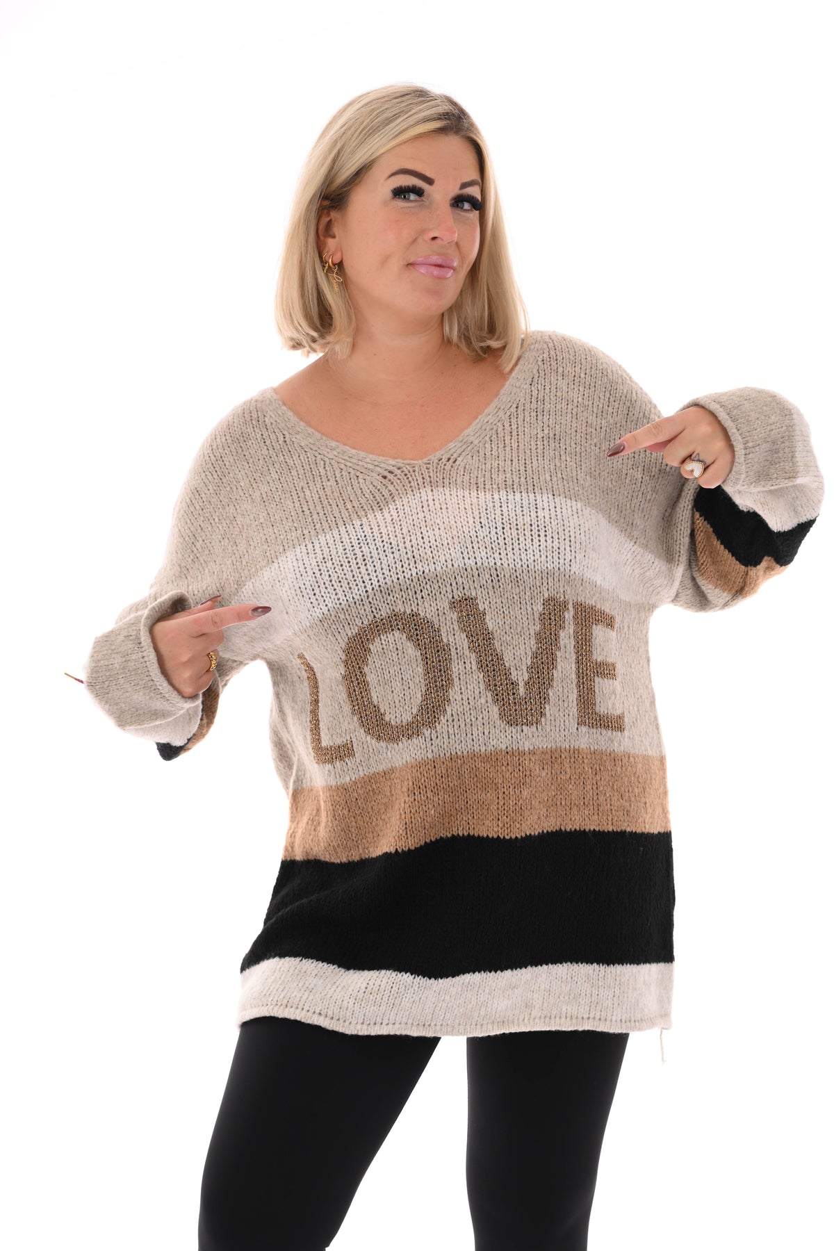 Gebreide trui love taupe/zwart
