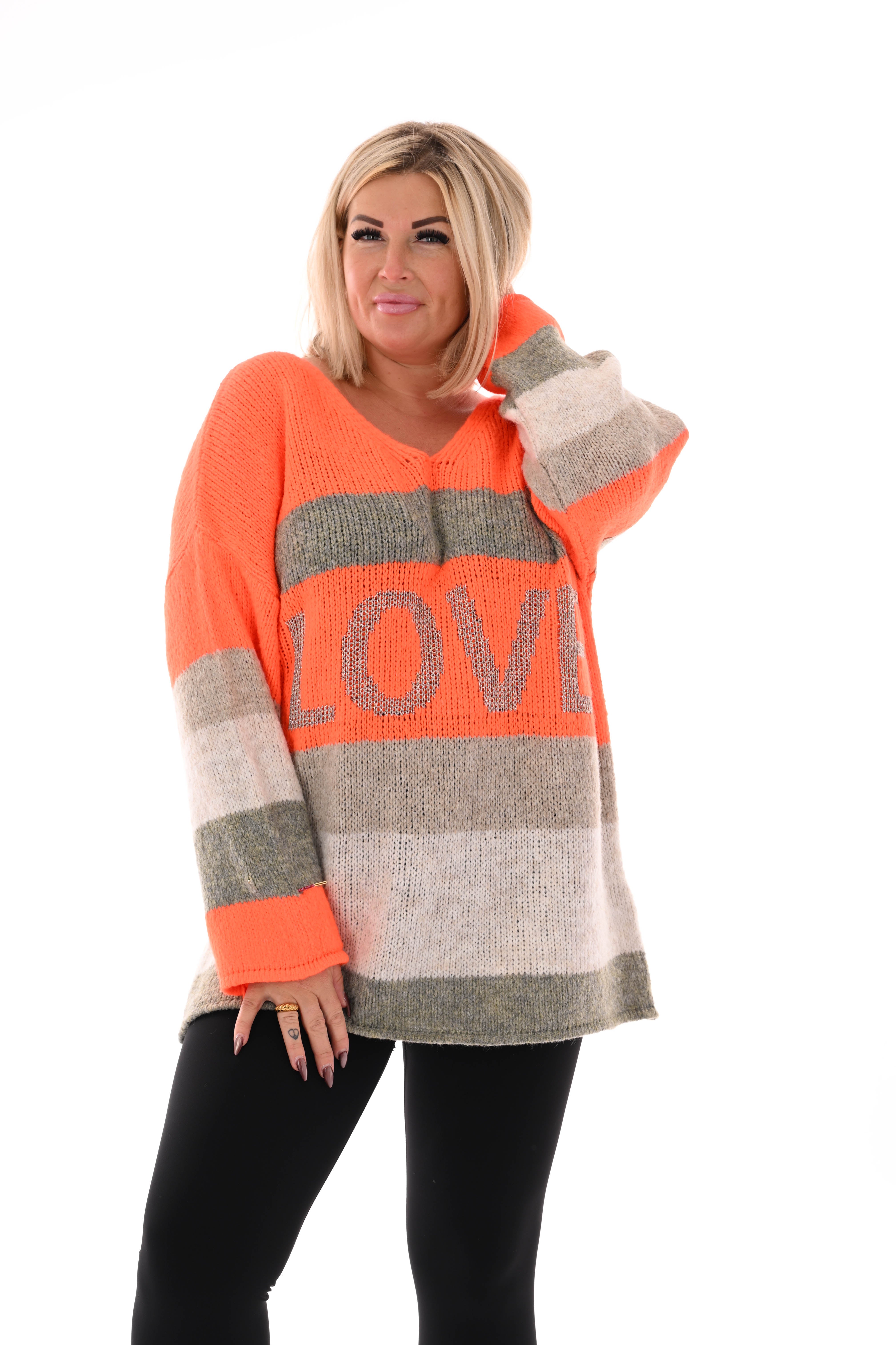 Gebreide trui love oranje/taupe