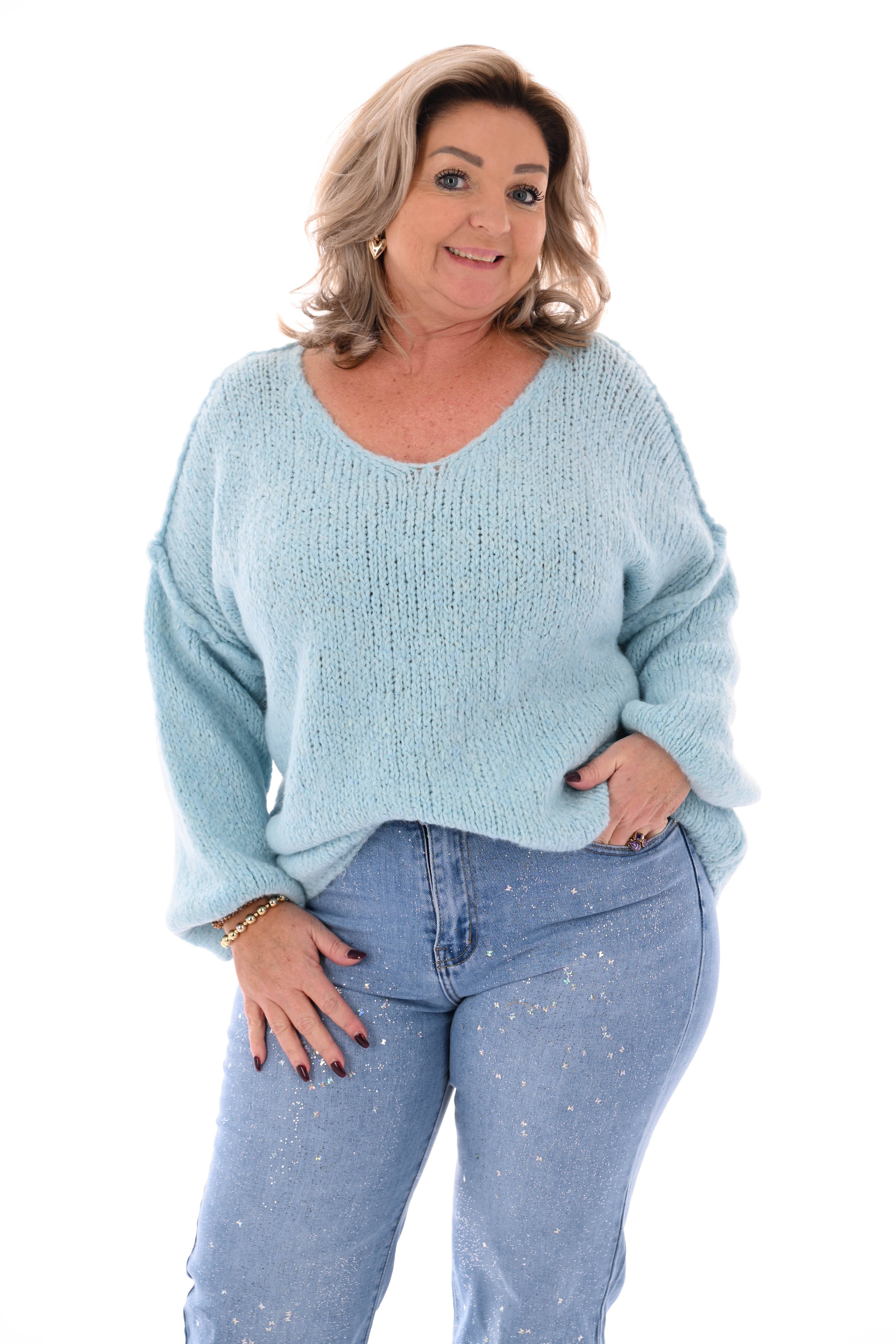 Grof gebreide trui v-hals lichtblauw