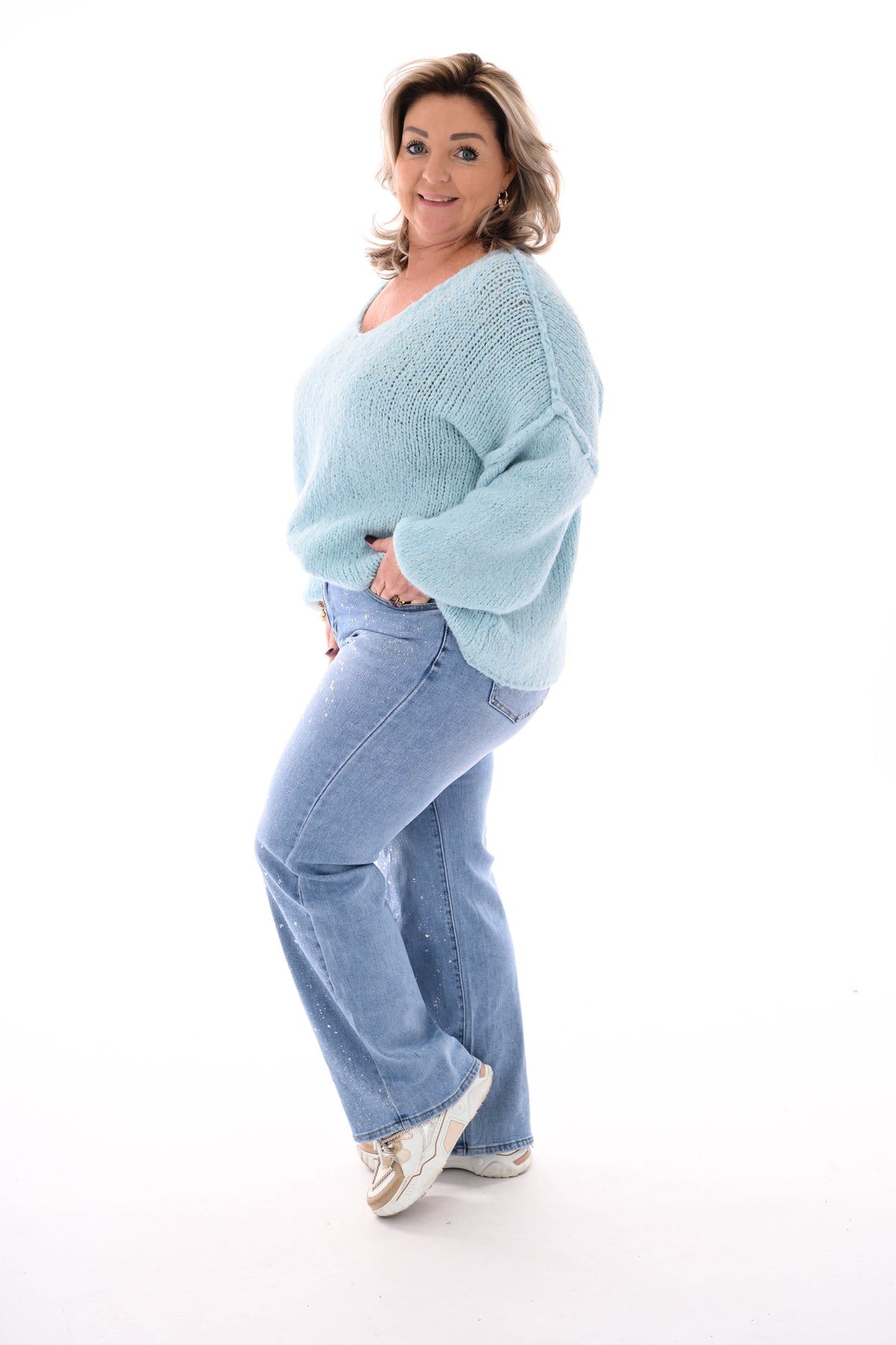 Grof gebreide trui v-hals lichtblauw