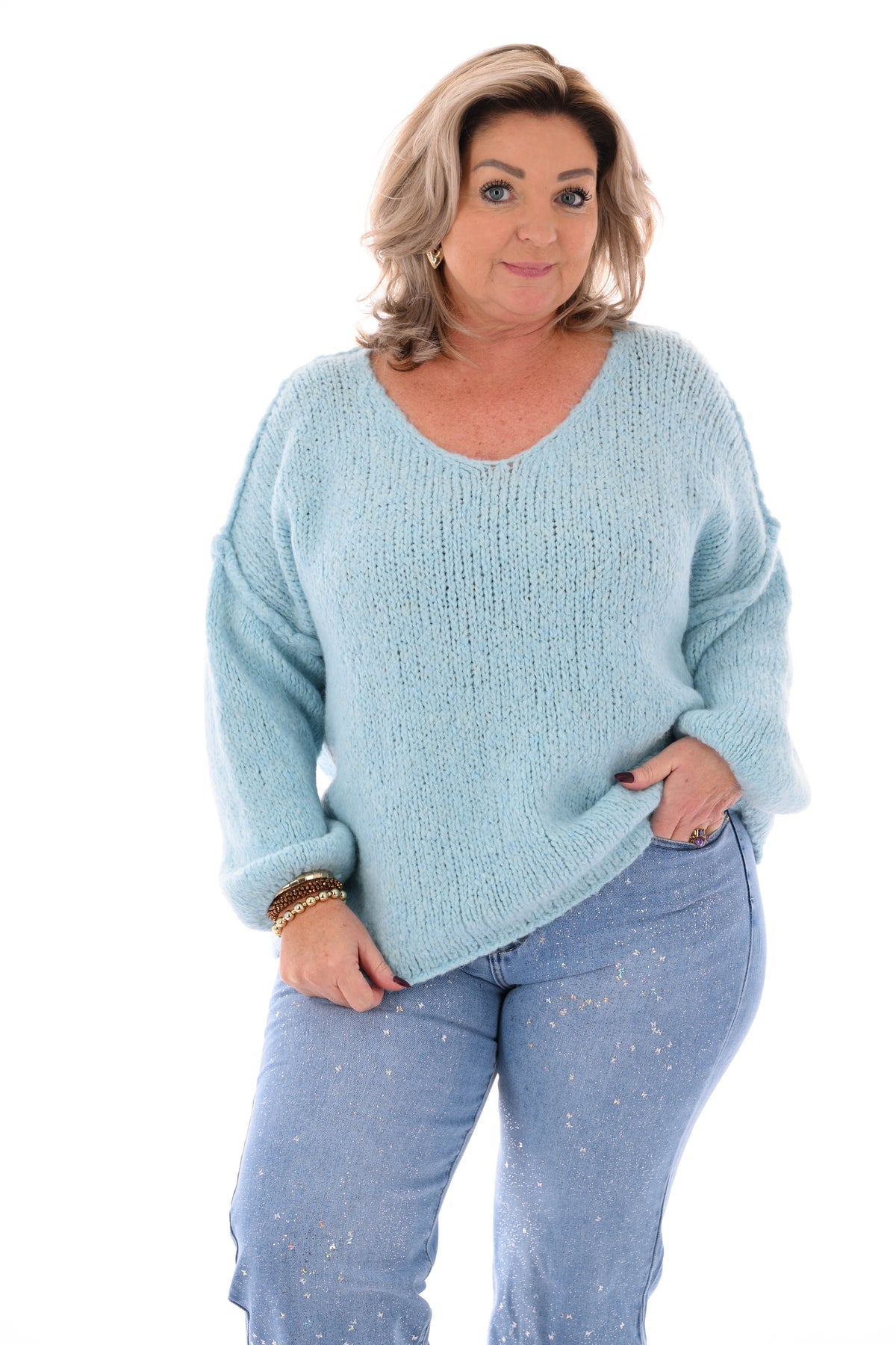 Grof gebreide trui v-hals lichtblauw