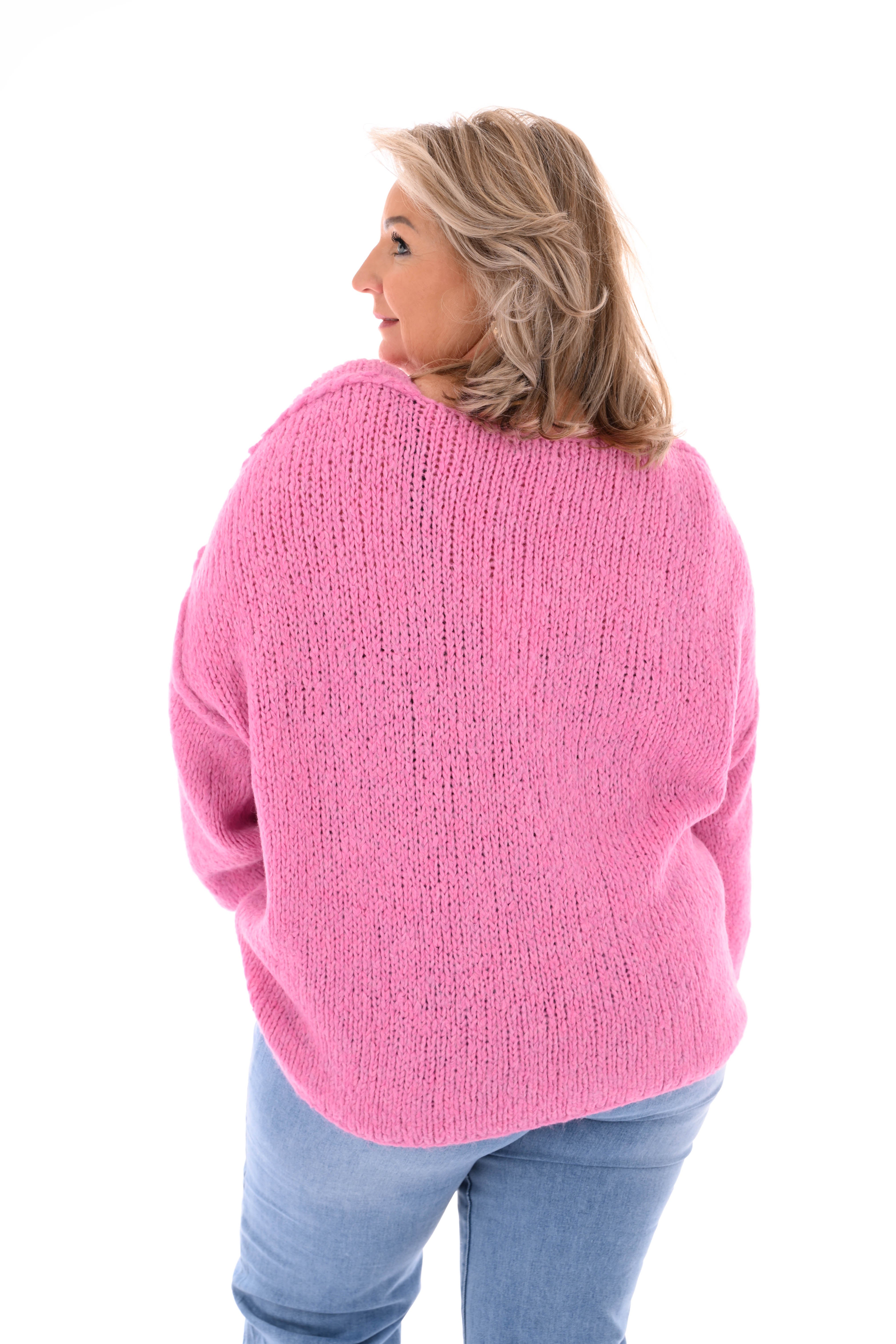 Grof gebreide trui v-hals roze