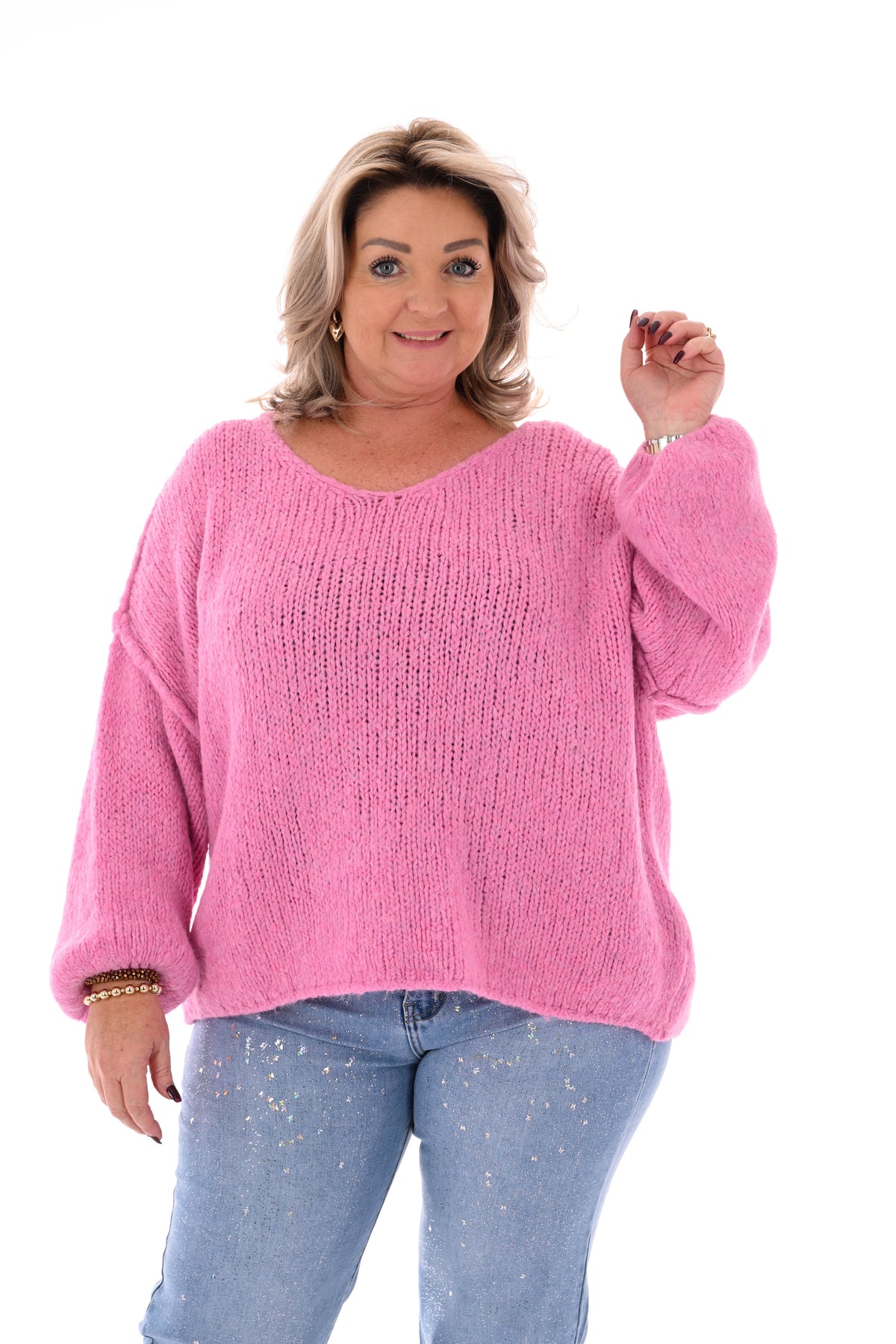 Grof gebreide trui v-hals roze