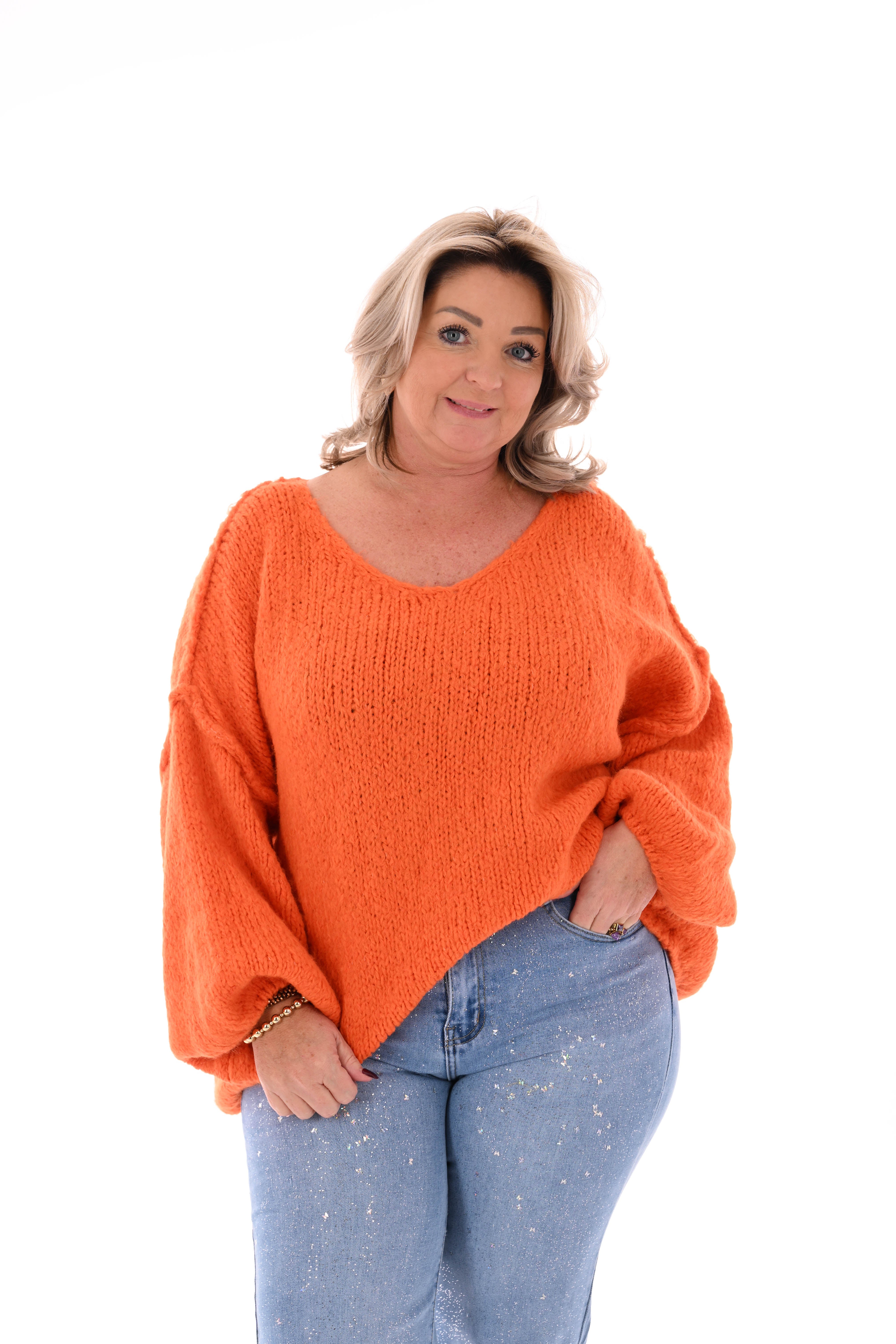 Grof gebreide trui v-hals oranje