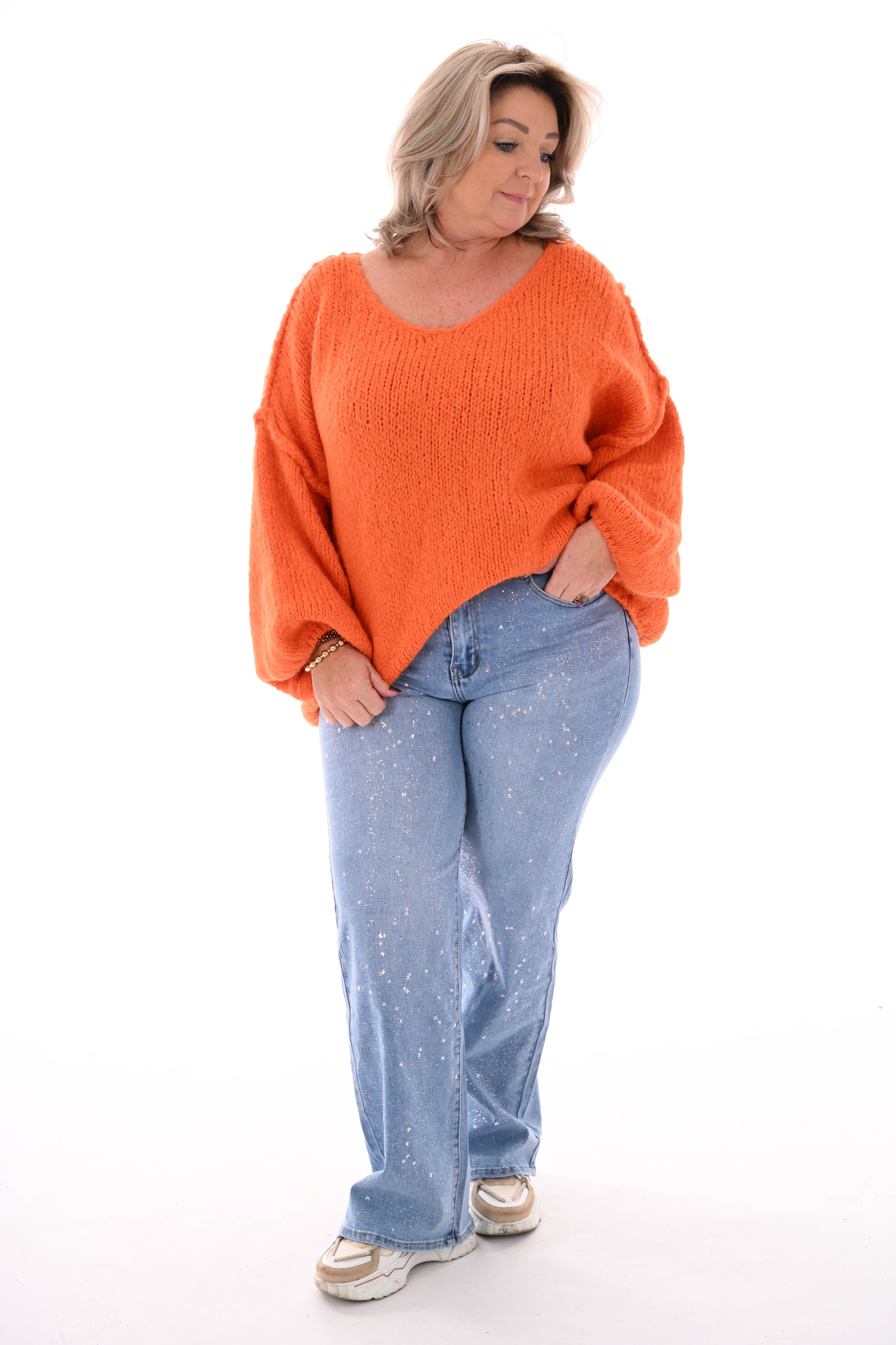 Grof gebreide trui v-hals oranje