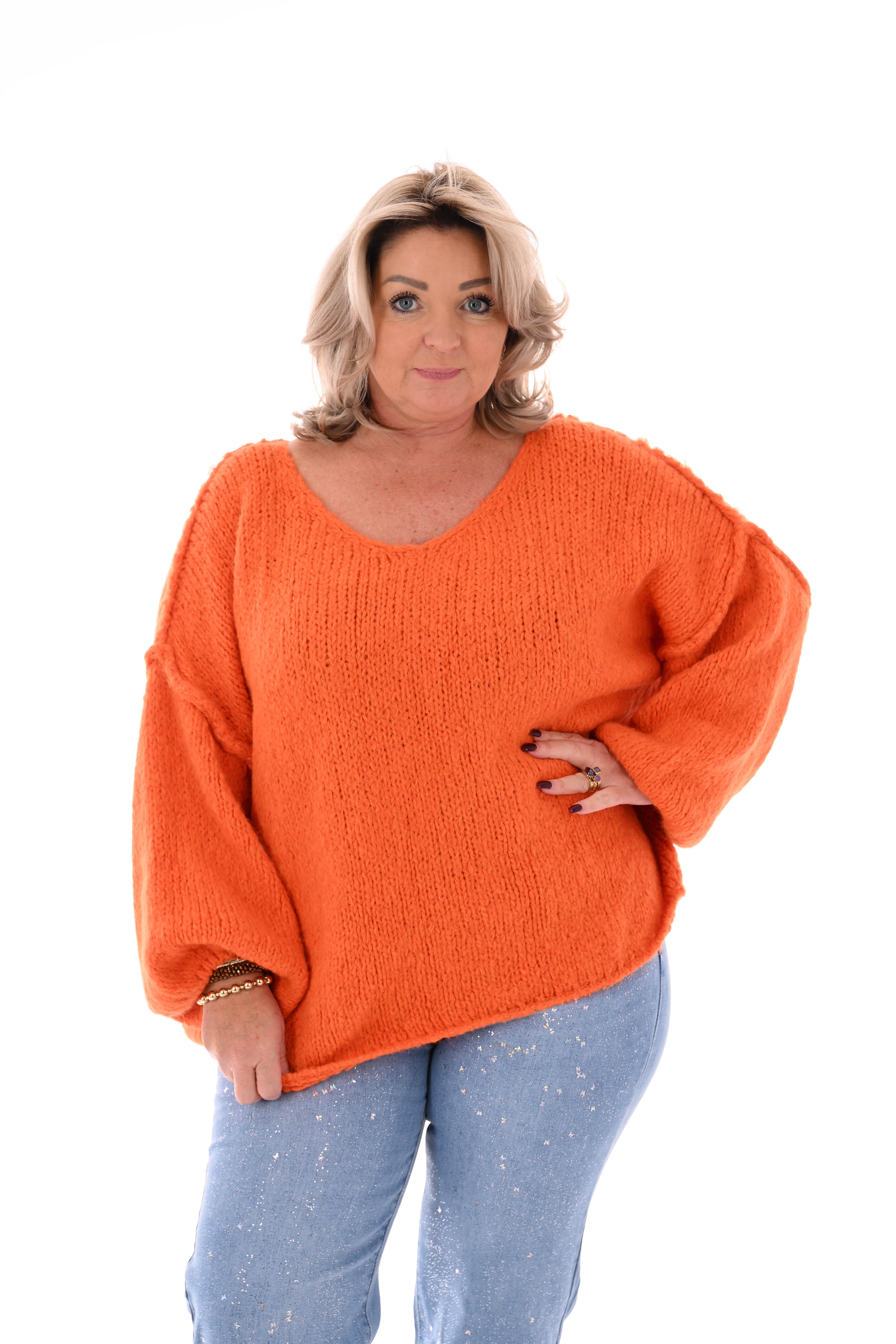 Grof gebreide trui v-hals oranje