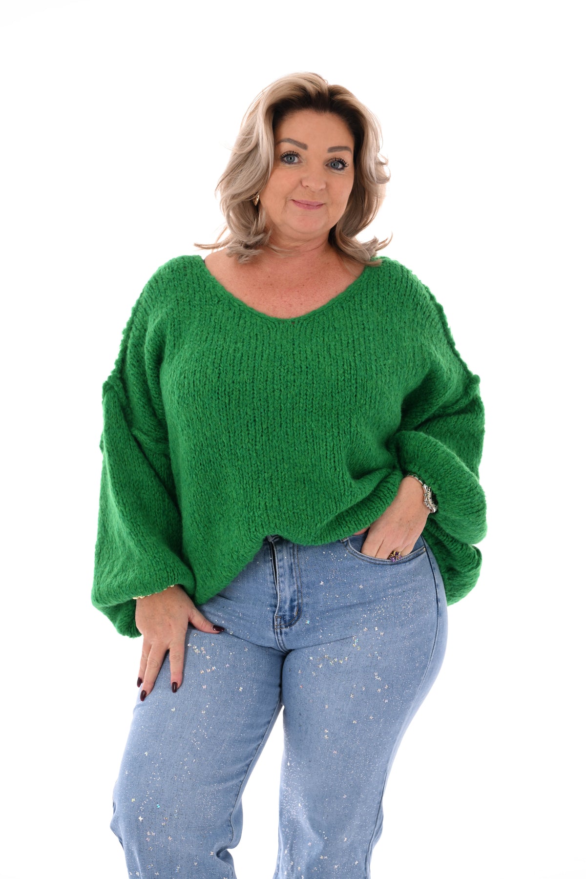 Grof gebreide trui v-hals groen