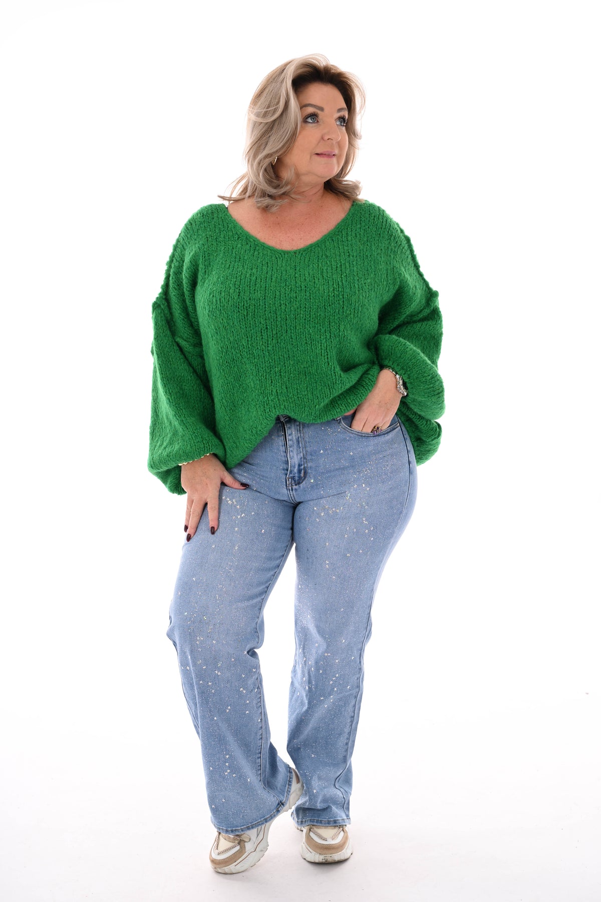 Grof gebreide trui v-hals groen