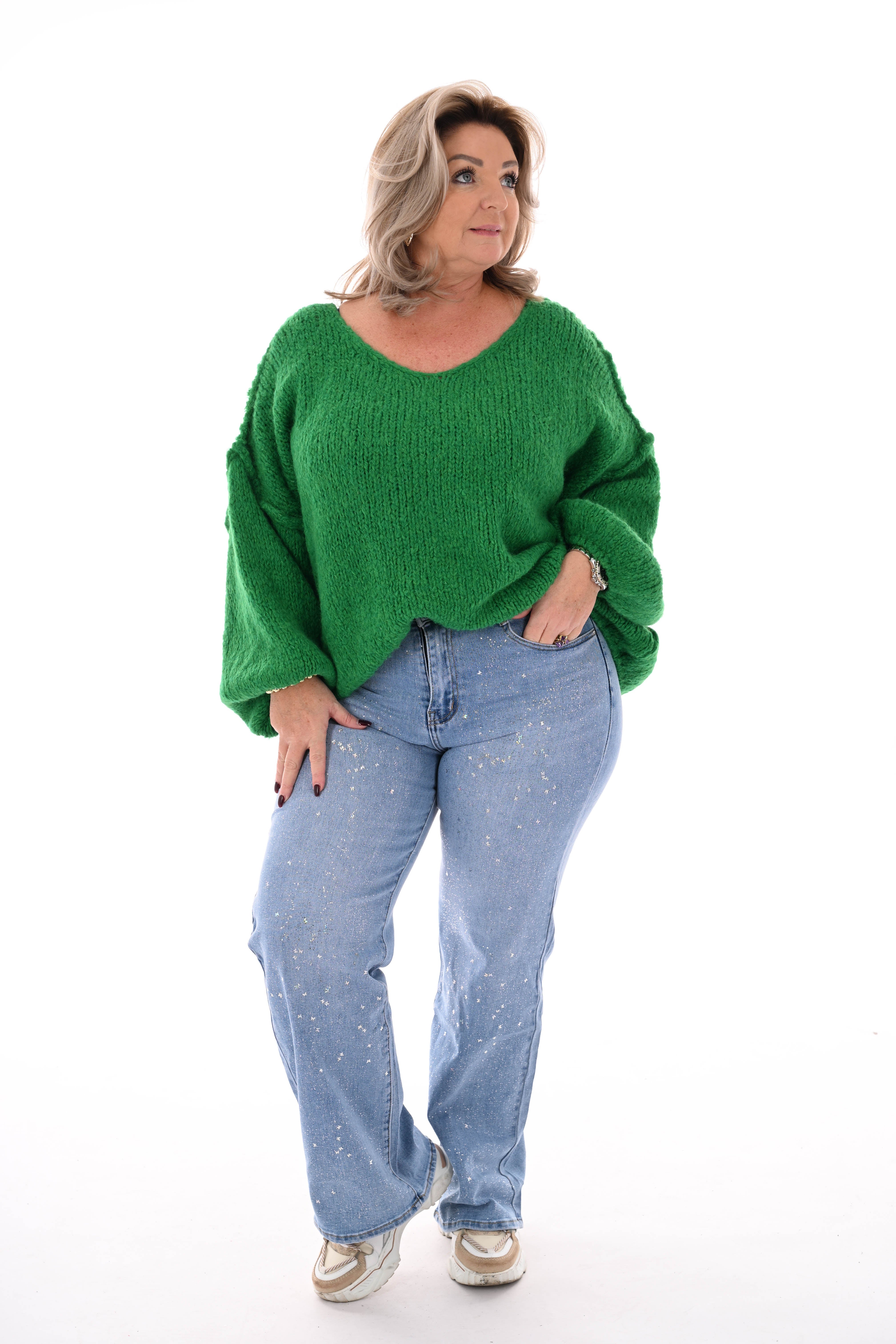 Grof gebreide trui v-hals groen