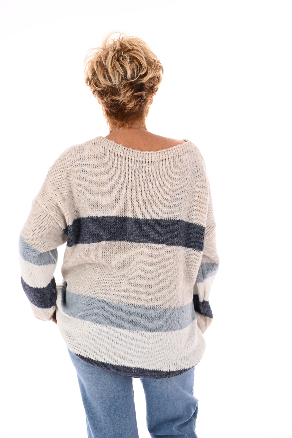 Gebreide trui love beige/jeansblauw