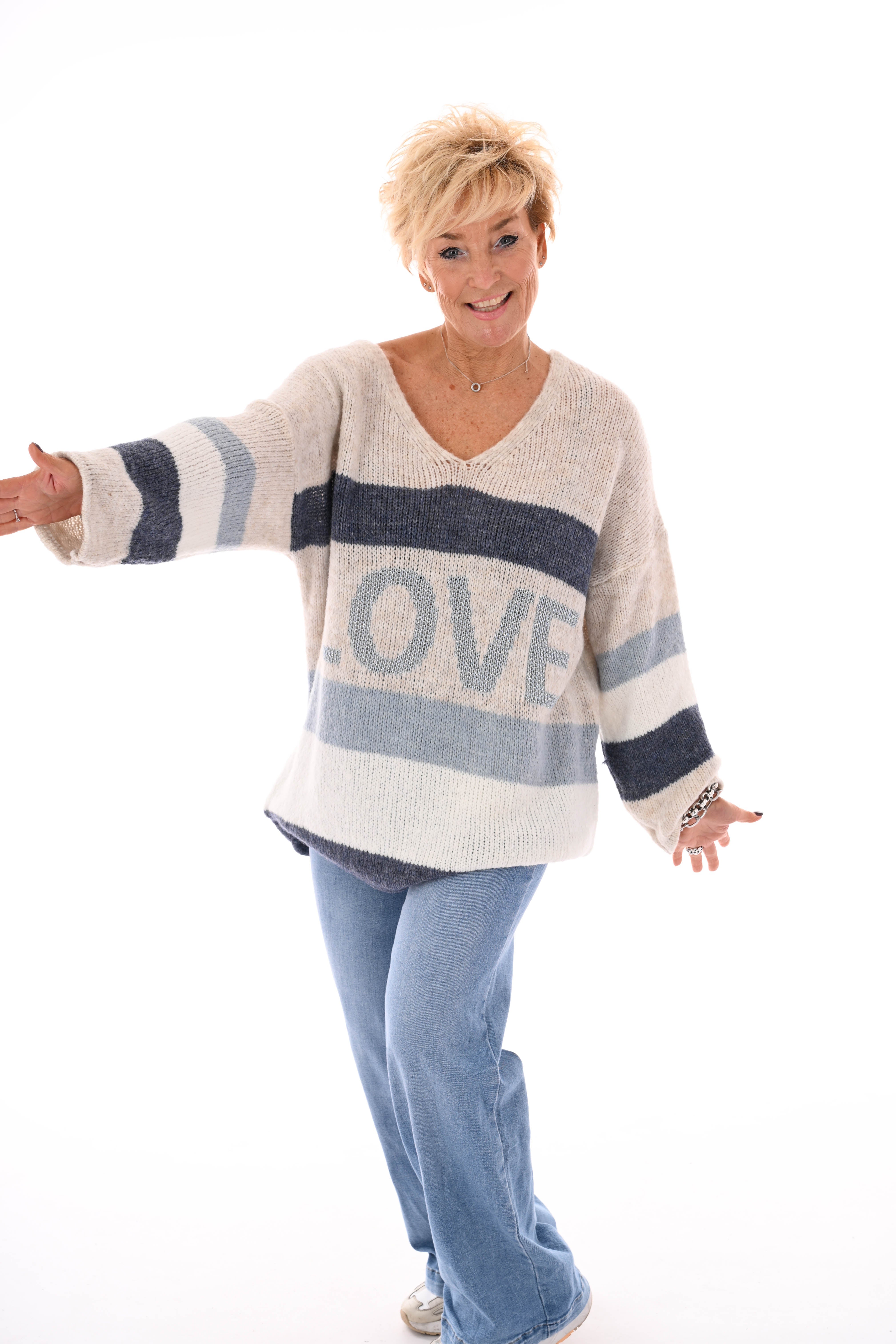 Gebreide trui love beige/jeansblauw