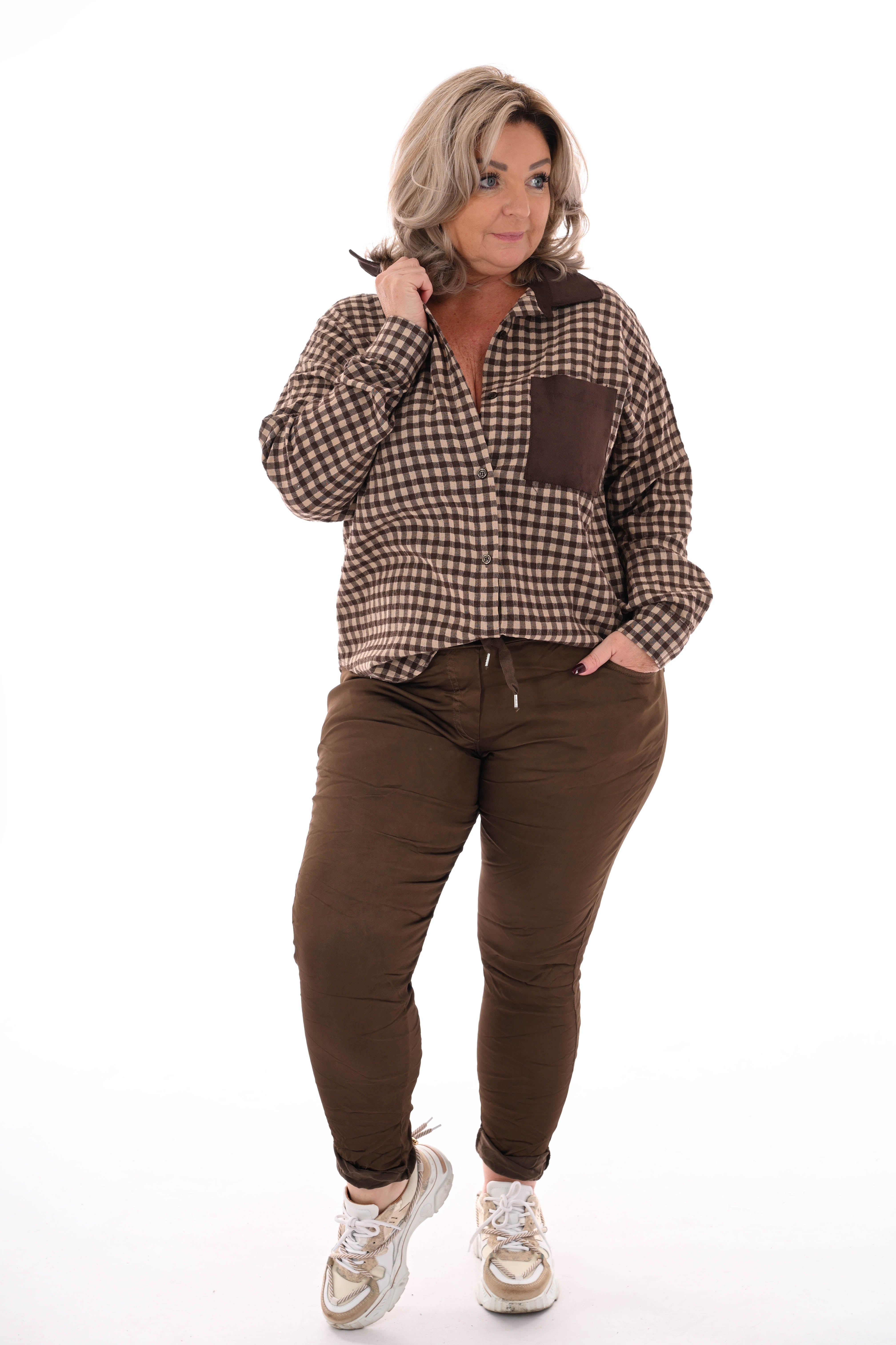 Houthakkers blouse suedelook kraag donkerbruin