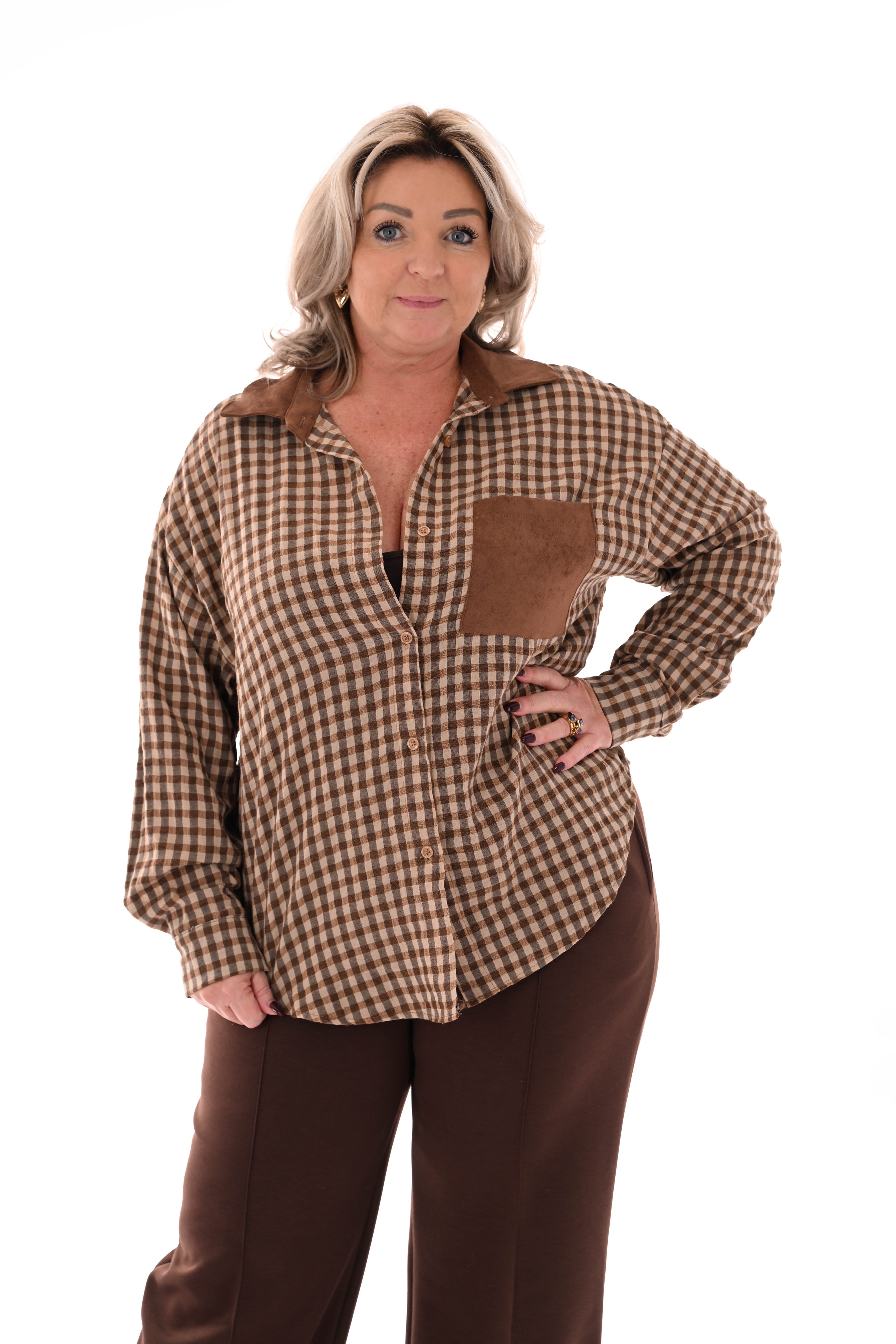 Houthakkers blouse suedelook kraag bruin