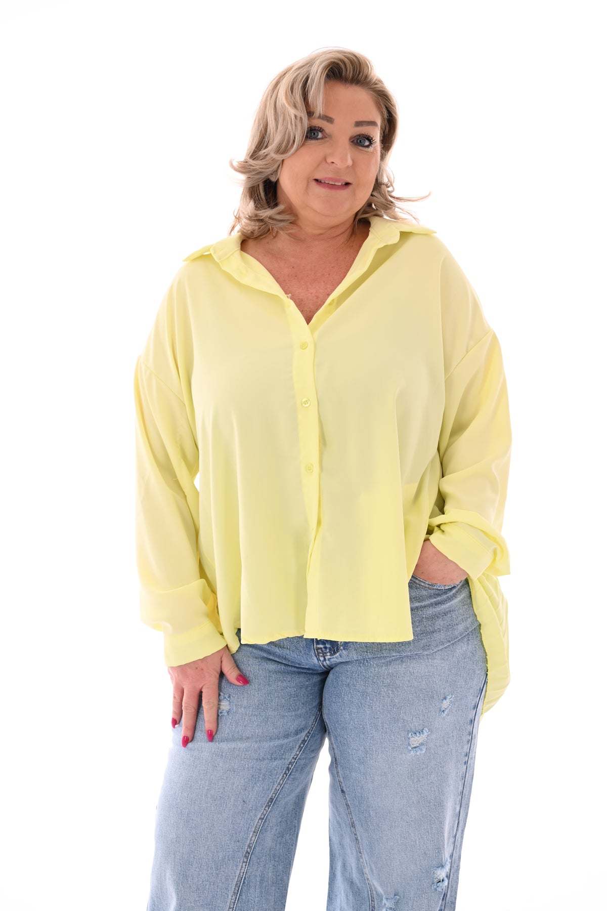 Blouse plooienrug uni lichtgeel