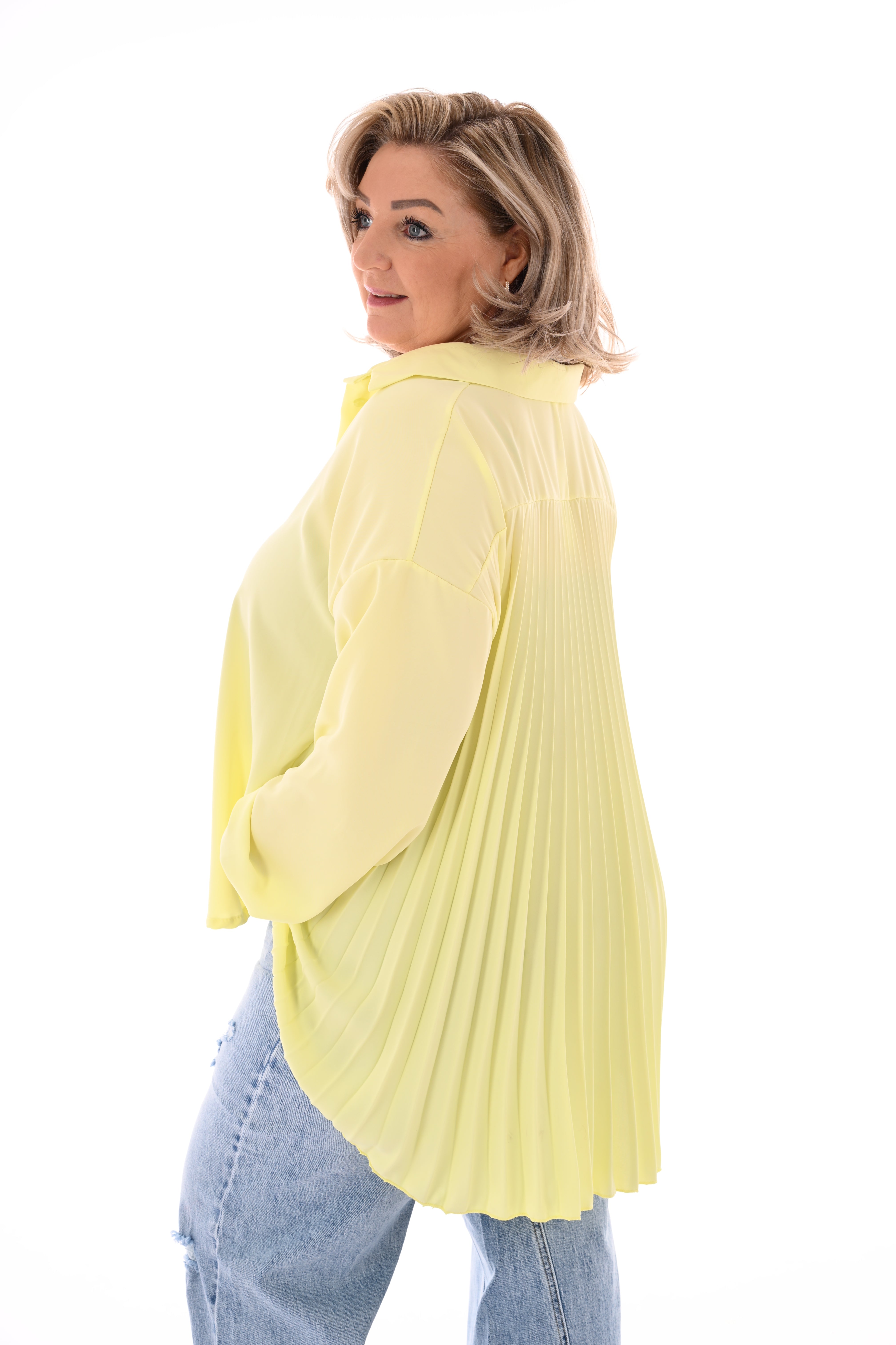 Blouse plooienrug uni lichtgeel