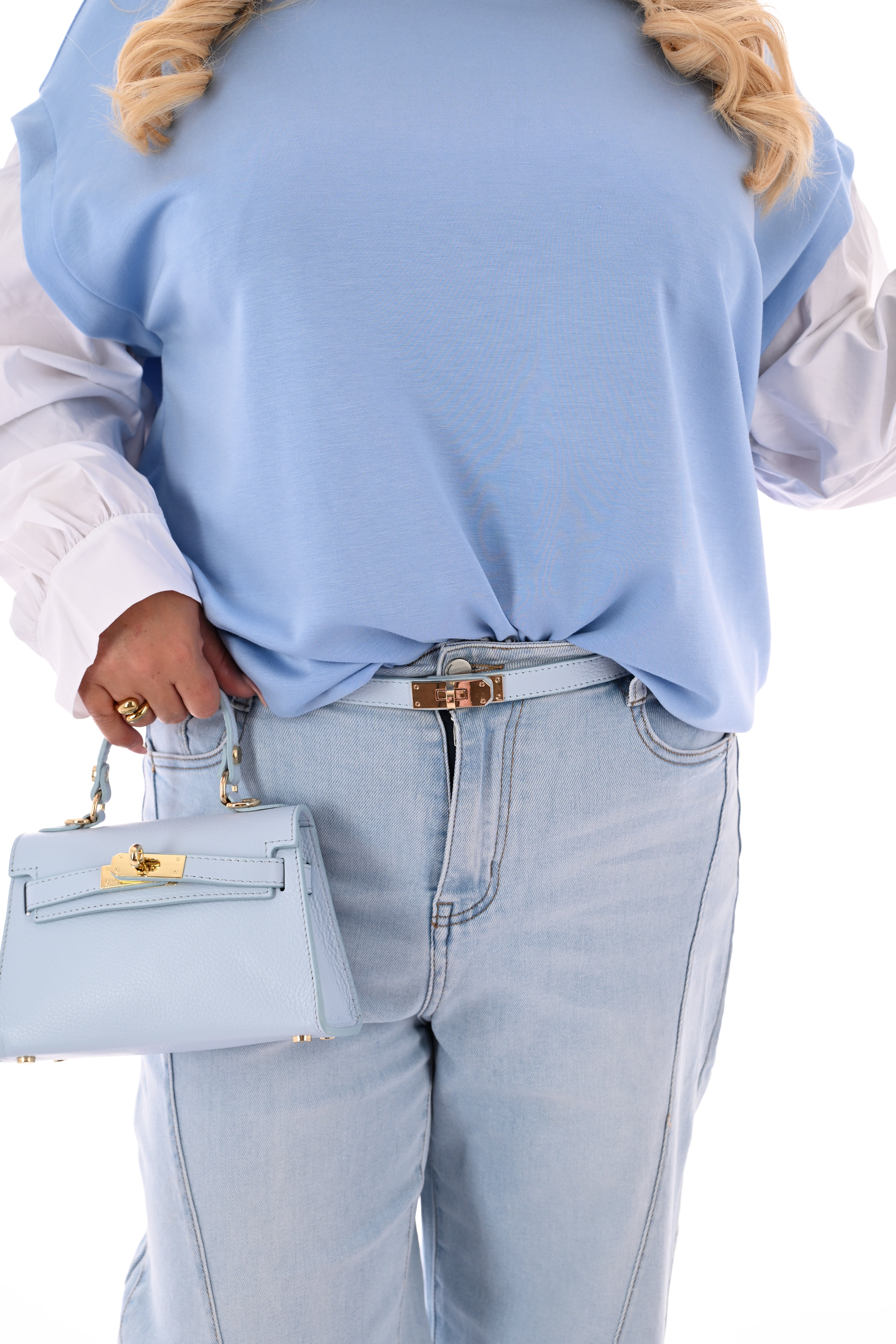 Leren smalle riem met gesp lichtblauw