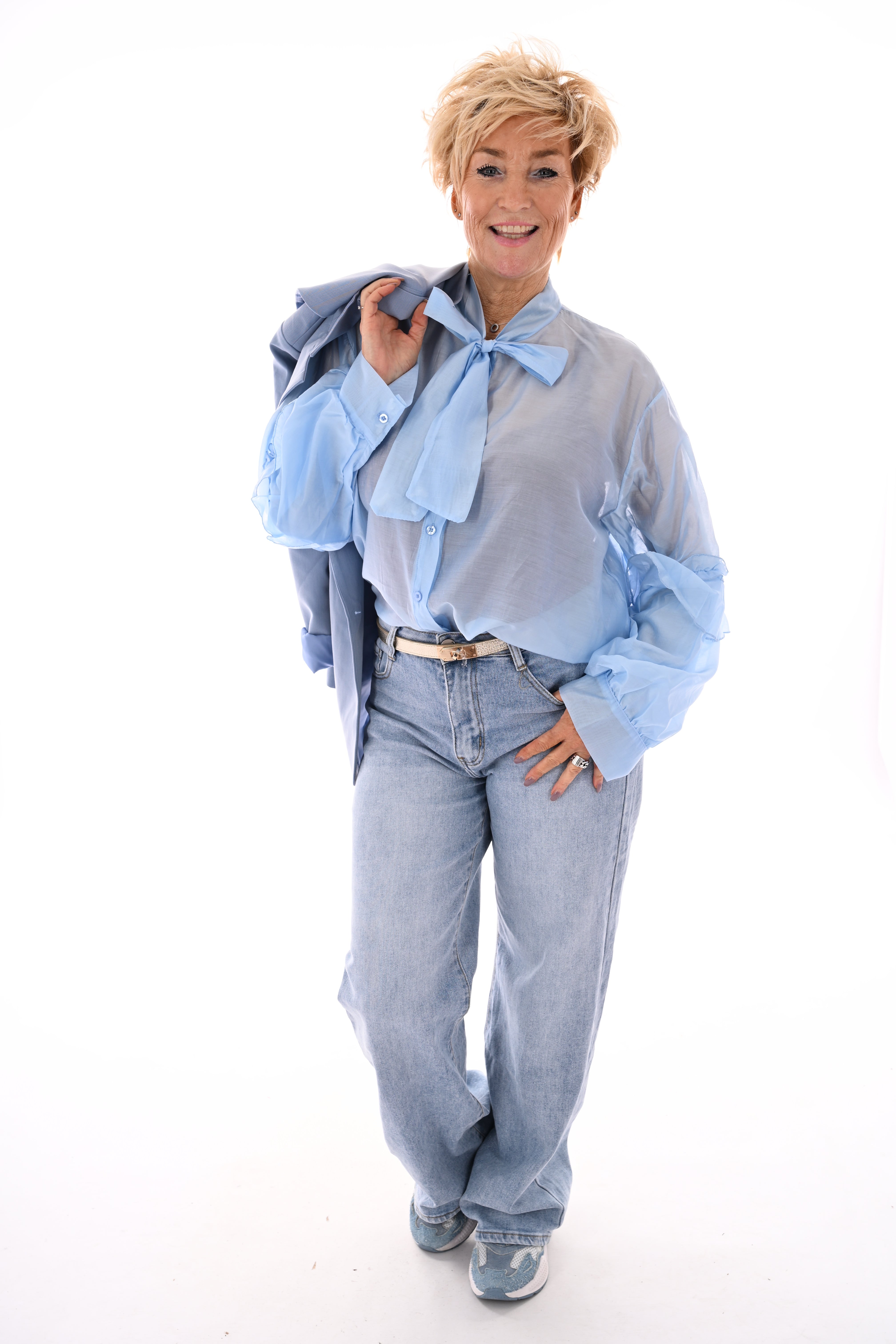 Blouse strik met mouwdetail lichtblauw