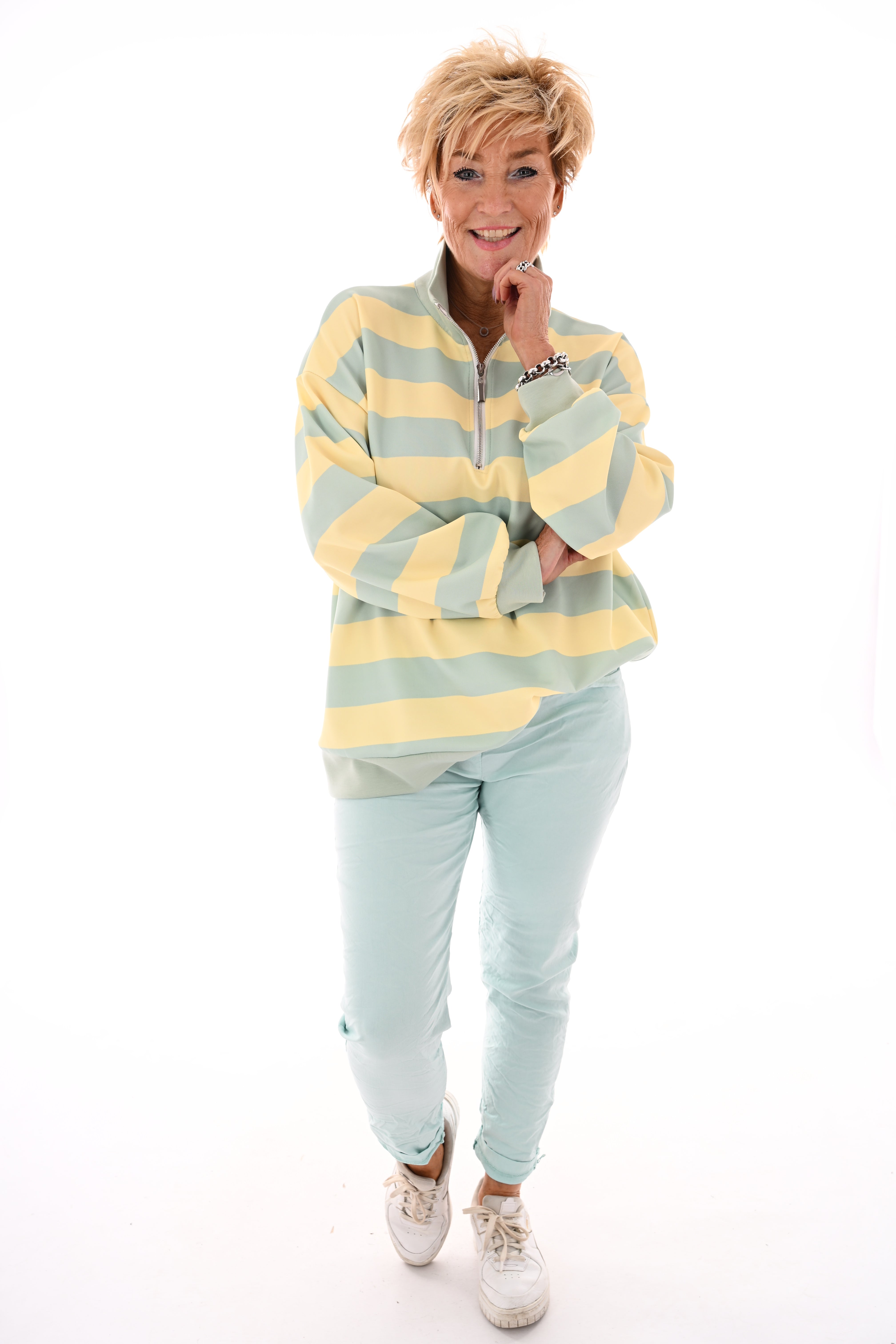 Sweater strepen met rits lichtgeel/lichtgroen