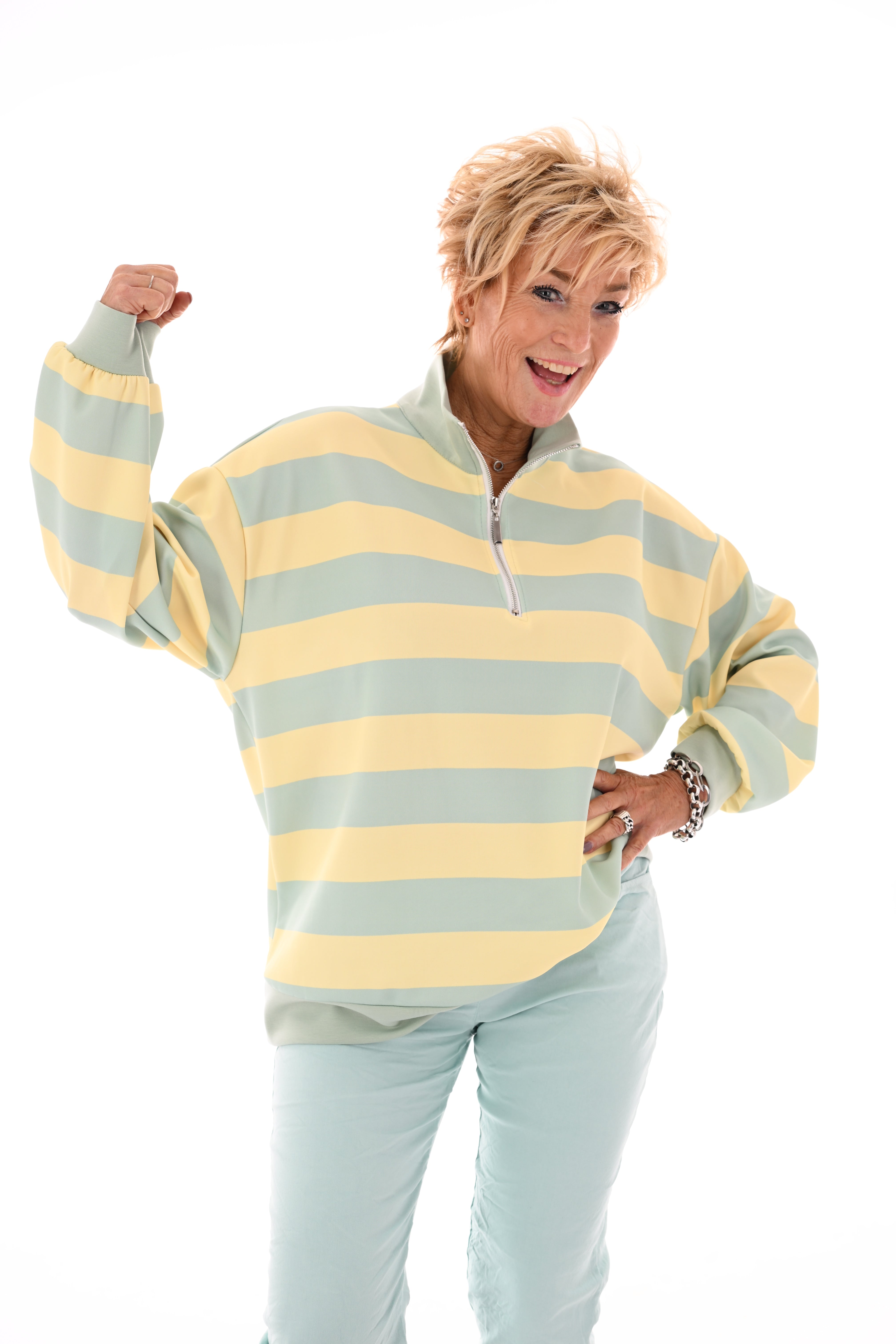 Sweater strepen met rits lichtgeel/lichtgroen