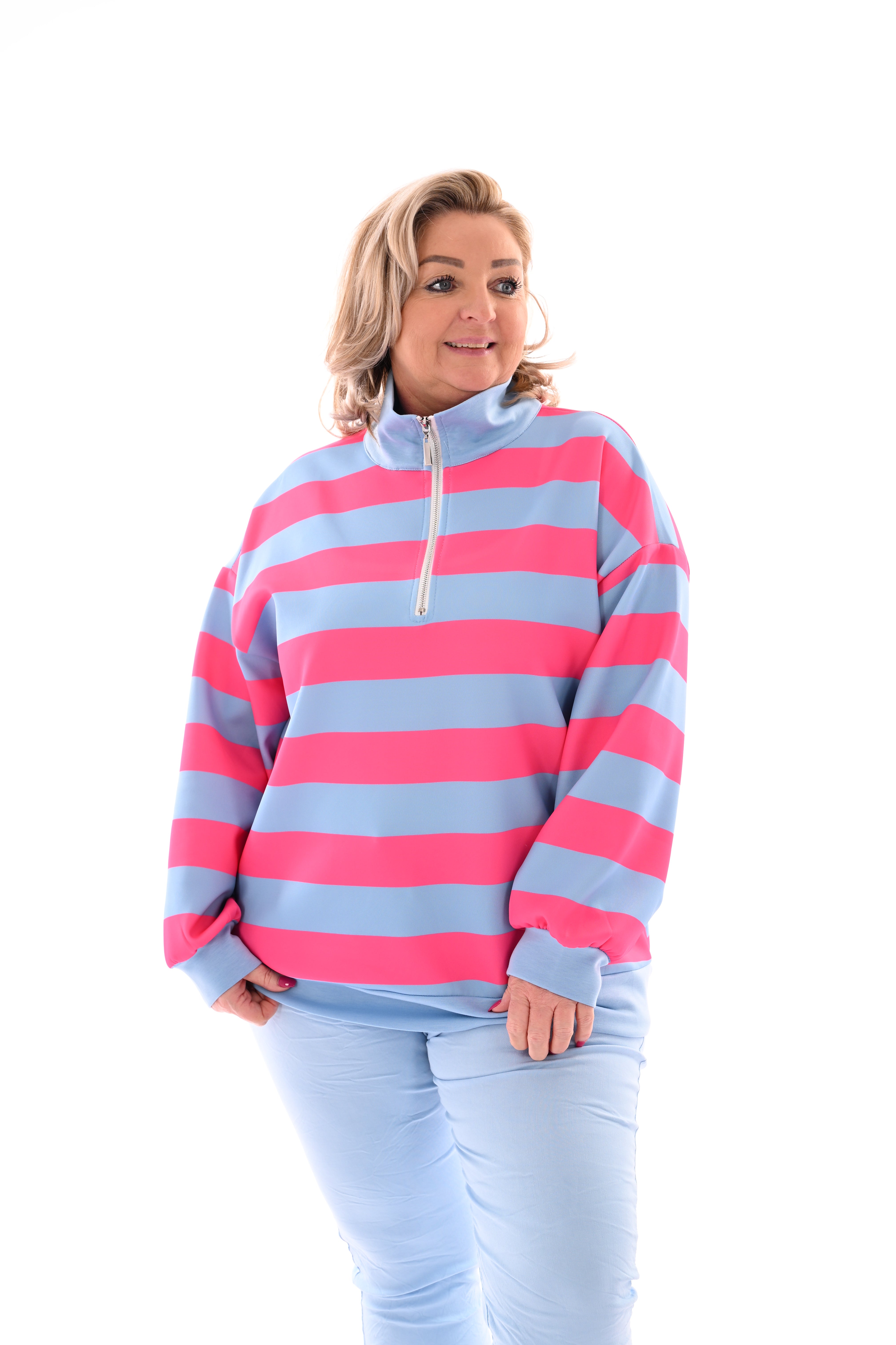 Sweater strepen met rits fuchsia/lichtblauw
