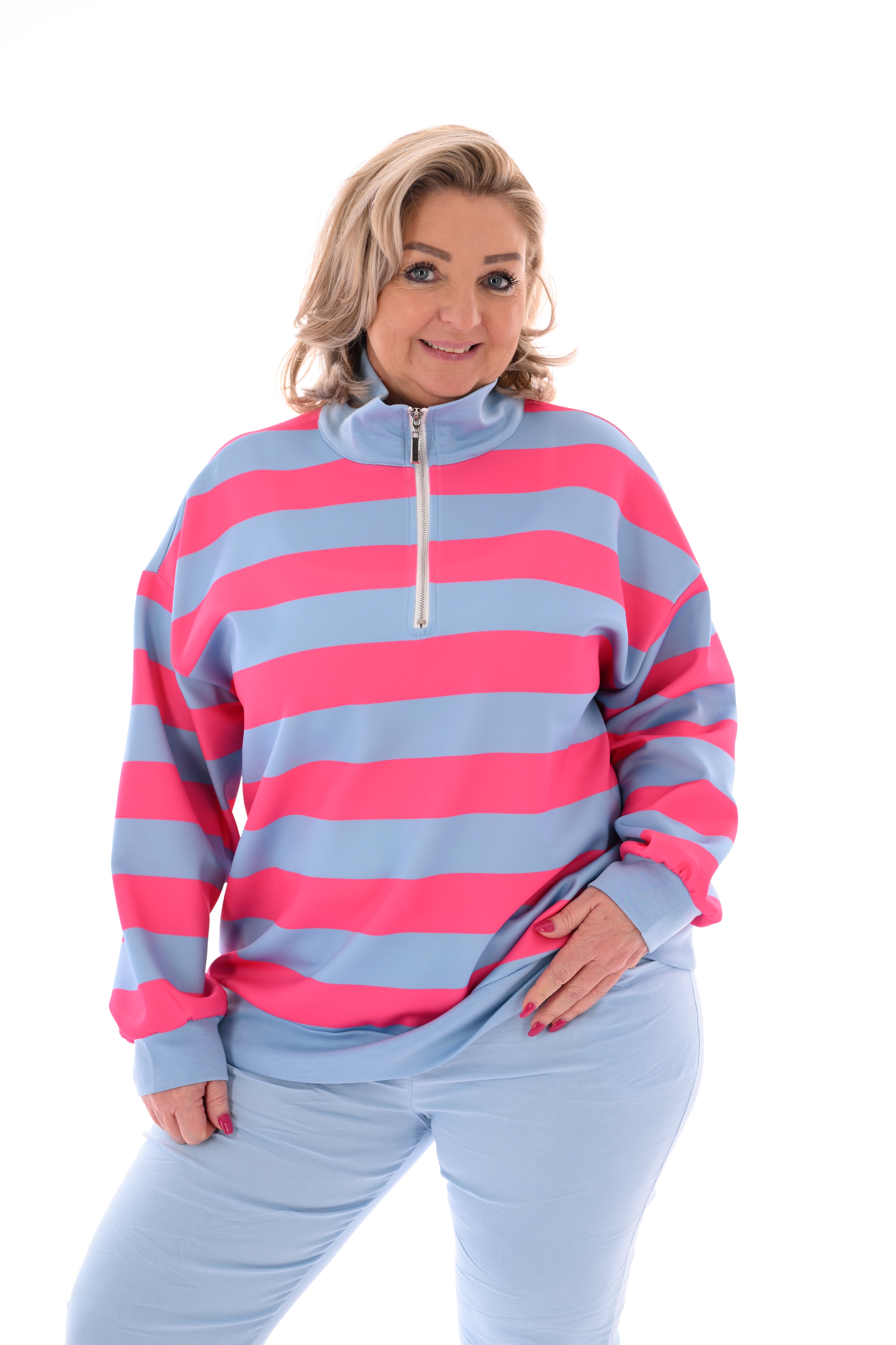 Sweater strepen met rits fuchsia/lichtblauw