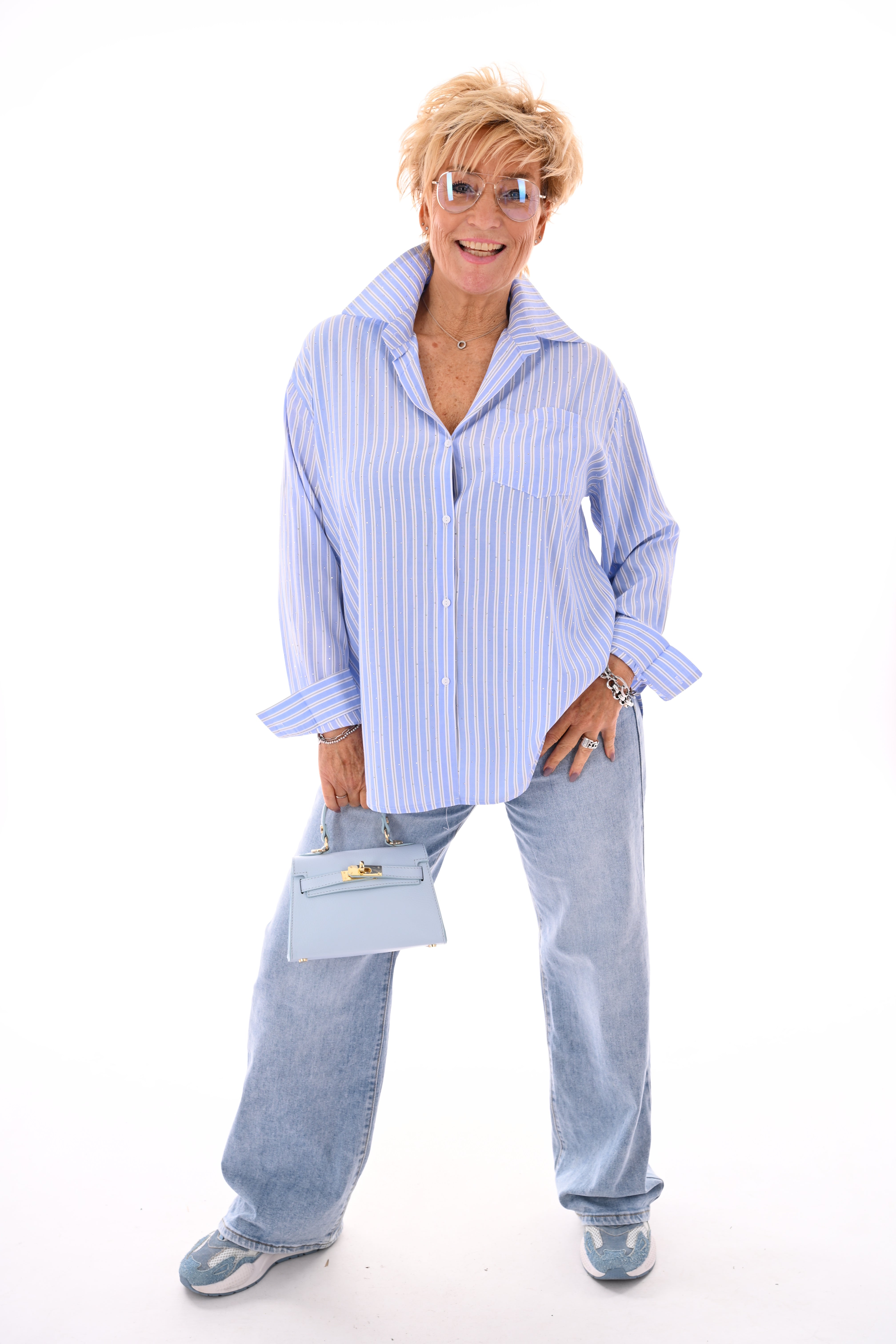 Blouse strepen strass lichtblauw