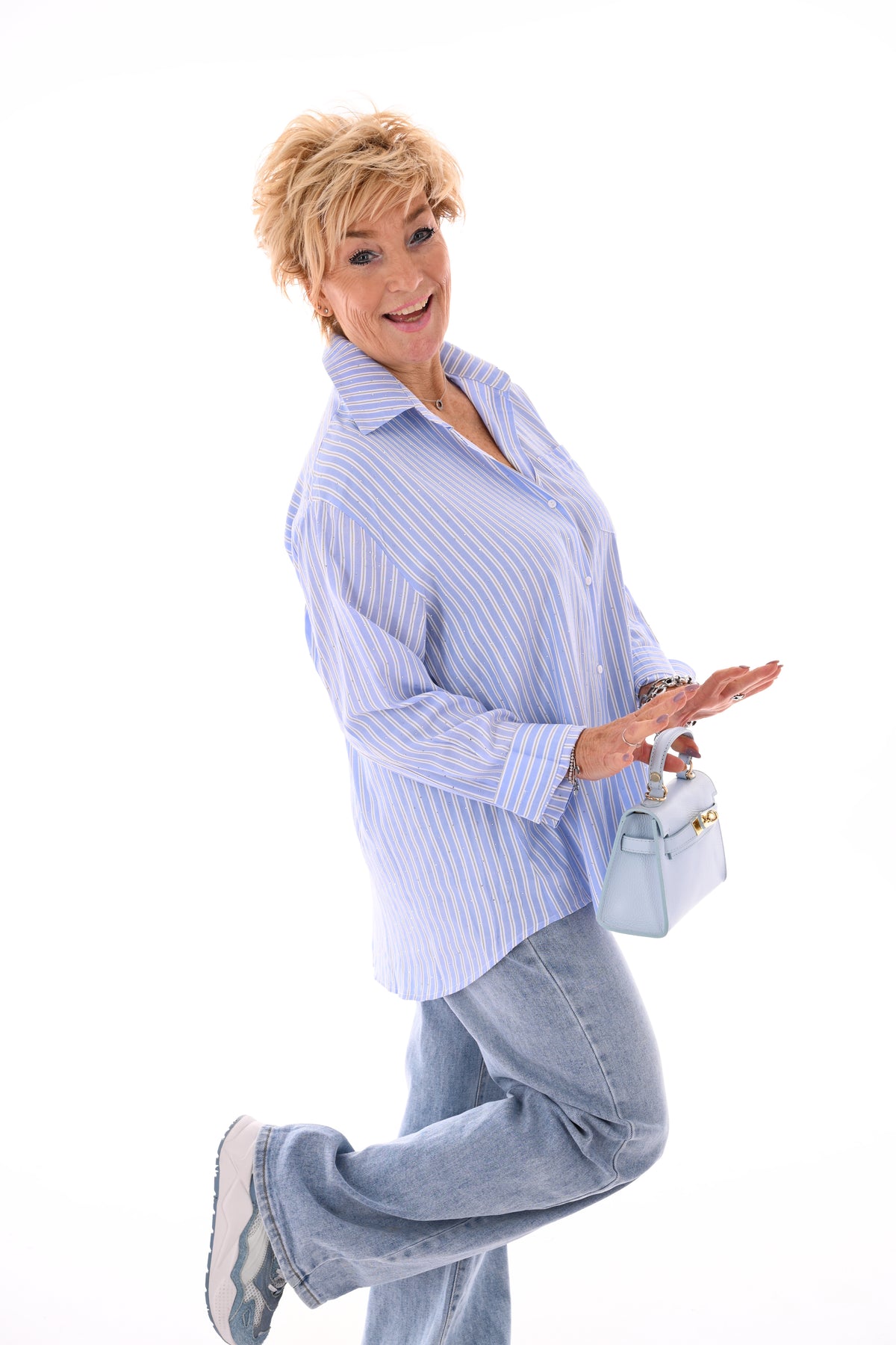 Blouse strepen strass lichtblauw