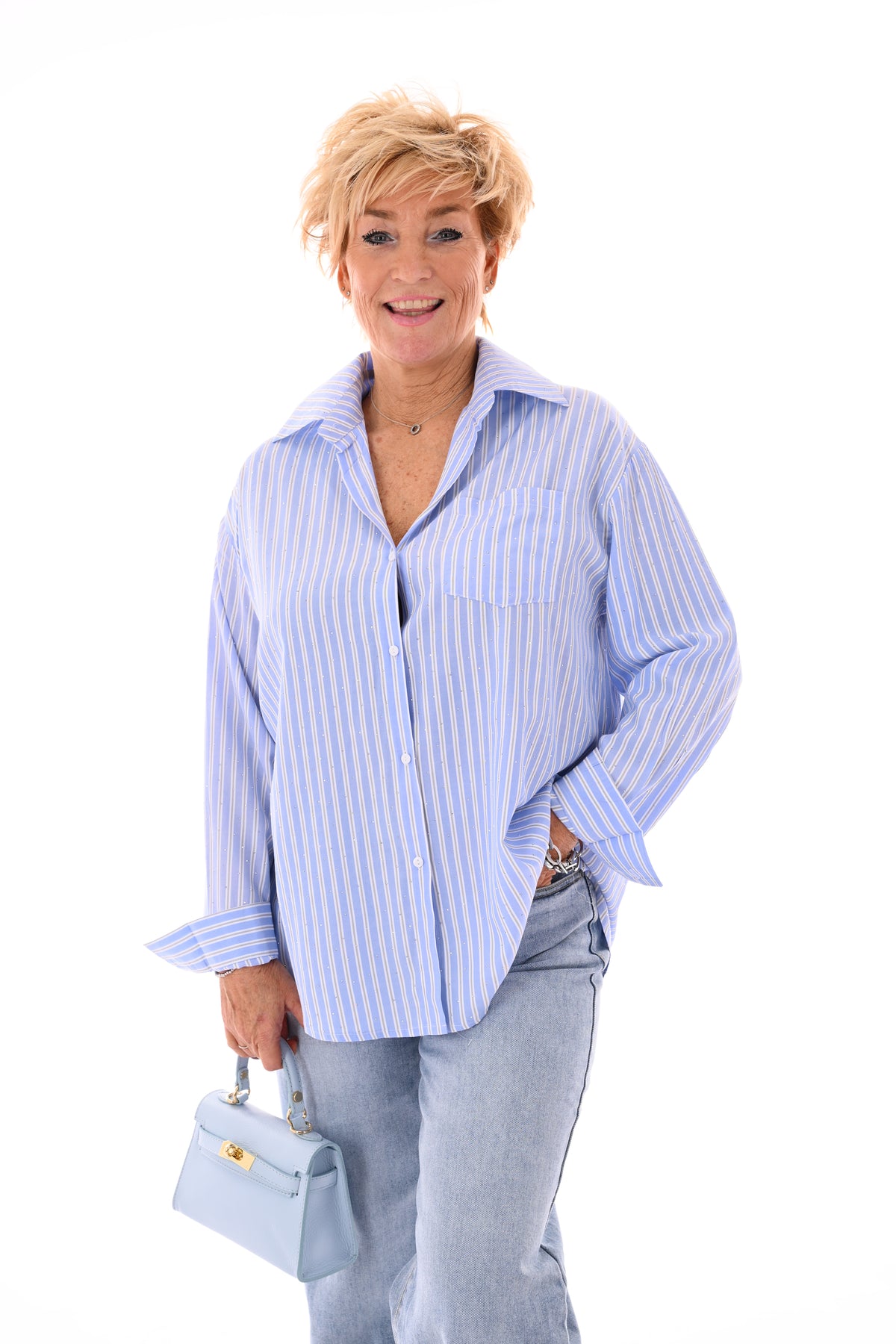 Blouse strepen strass lichtblauw