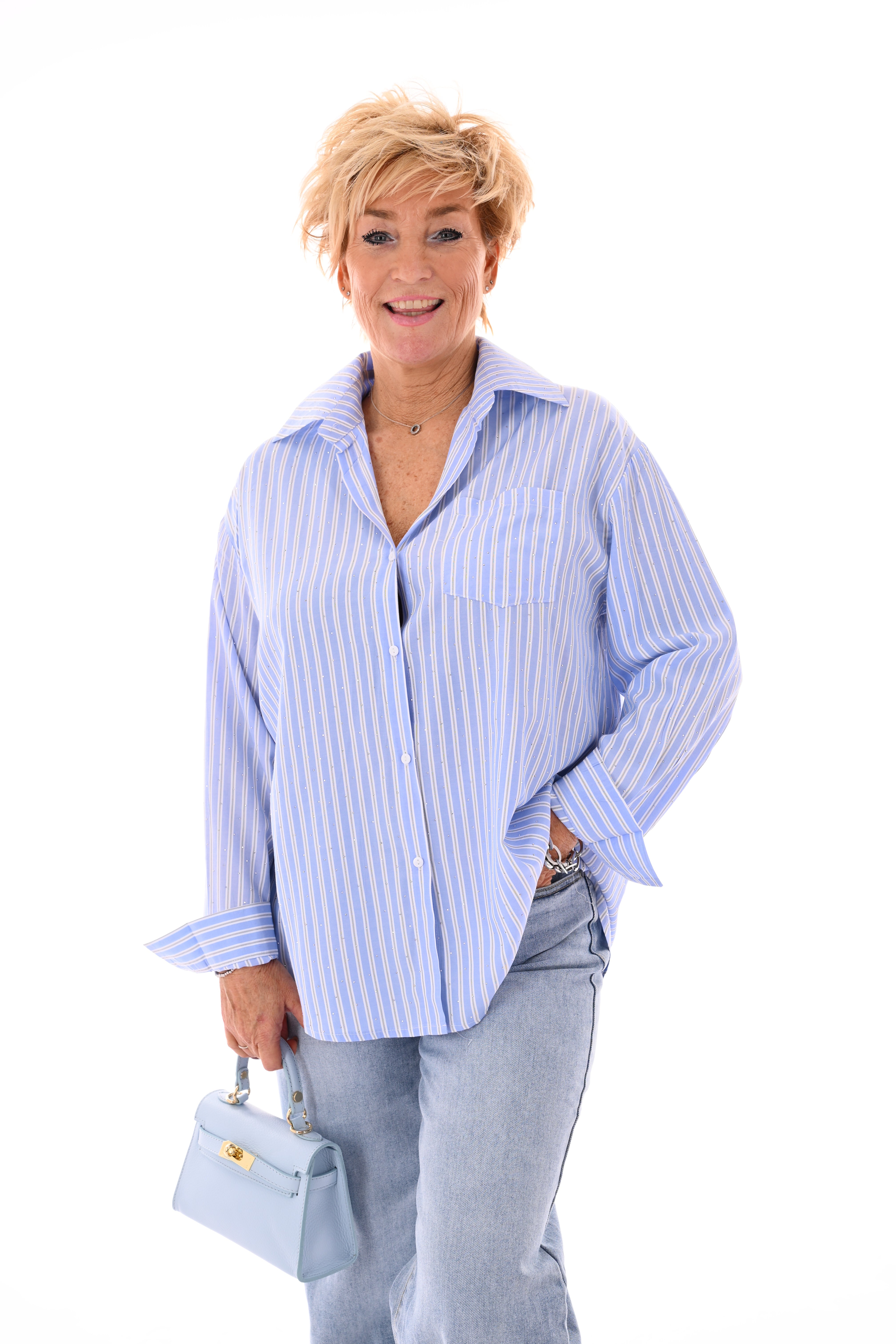 Blouse strepen strass lichtblauw