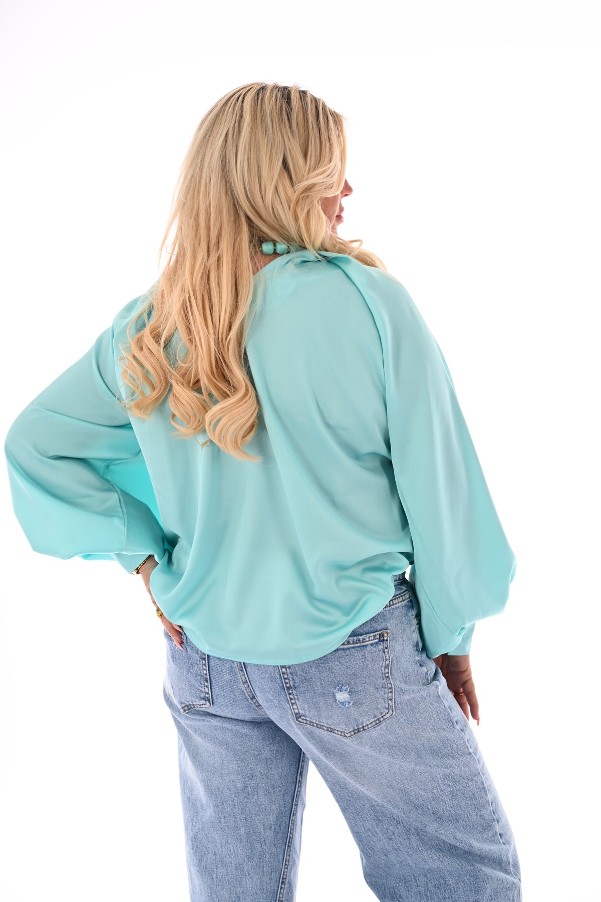 Silky blouse met pofmouwen turquoise