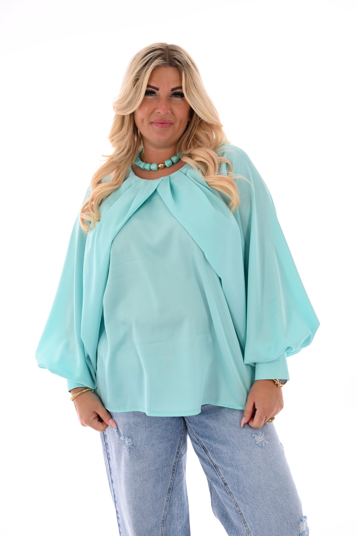 Silky blouse met pofmouwen turquoise
