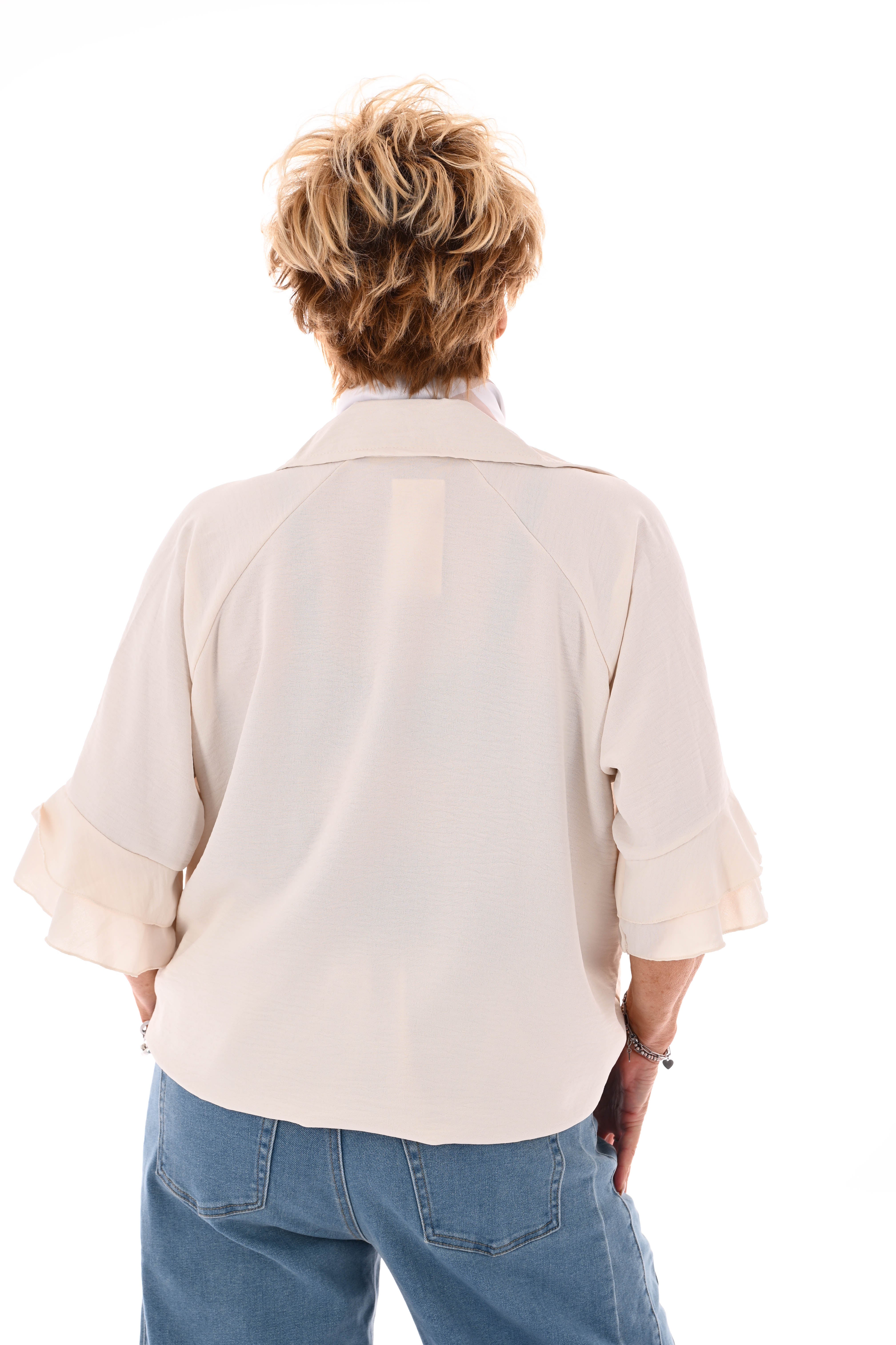 Top v-hals met korte roezelmouwen beige