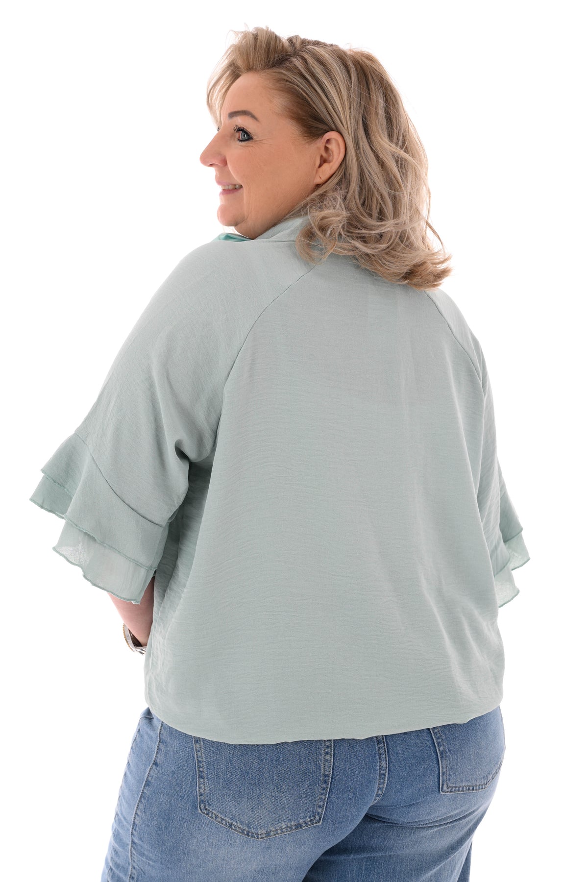 Top v-hals met korte roezelmouwen lindegroen