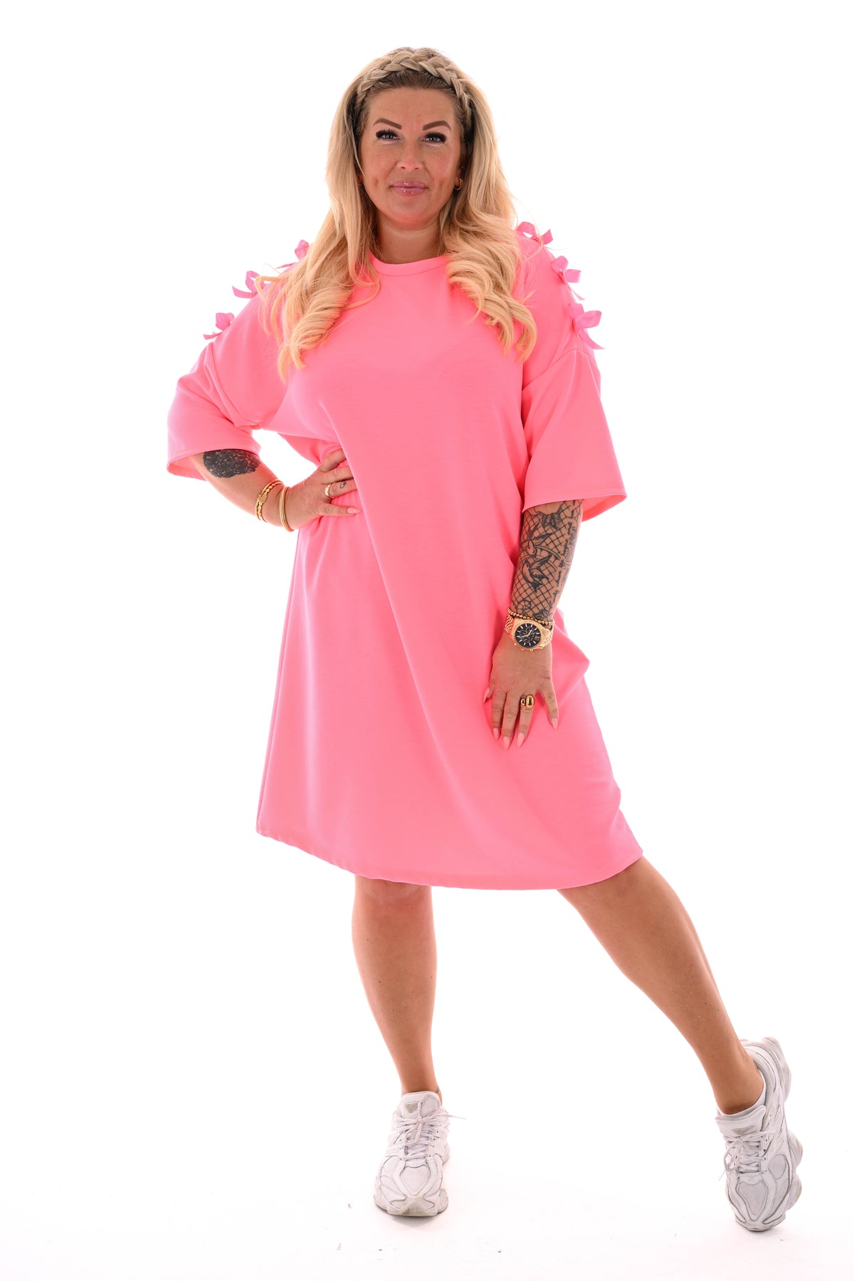 Sweaterdress korte mouwen strikjes neonroze