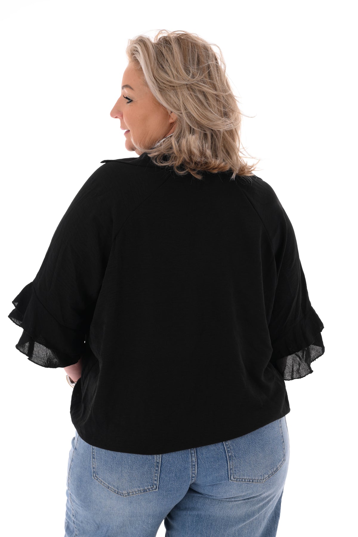 Top v-hals met korte roezelmouwen zwart