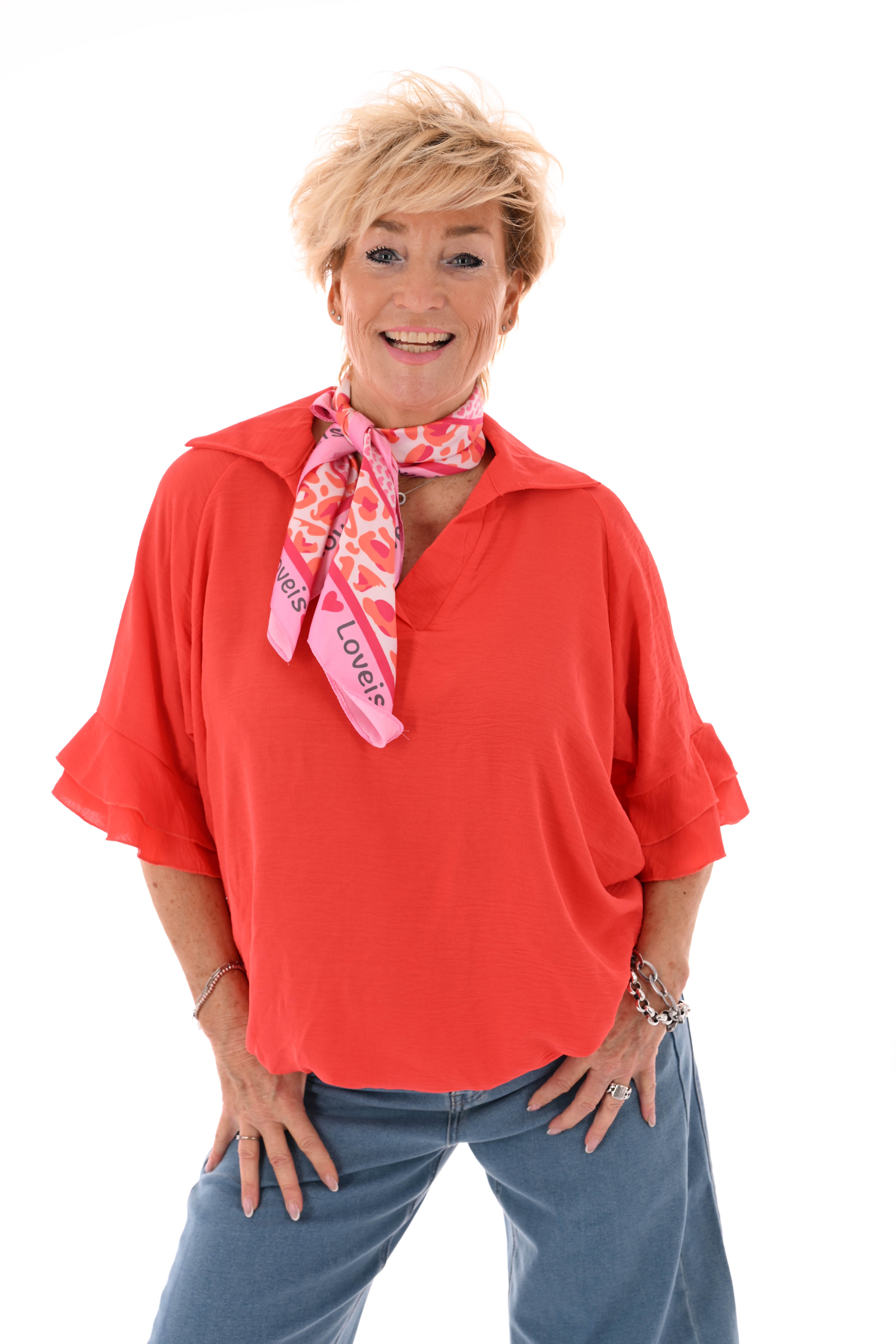 Top v-hals met korte roezelmouwen oranje