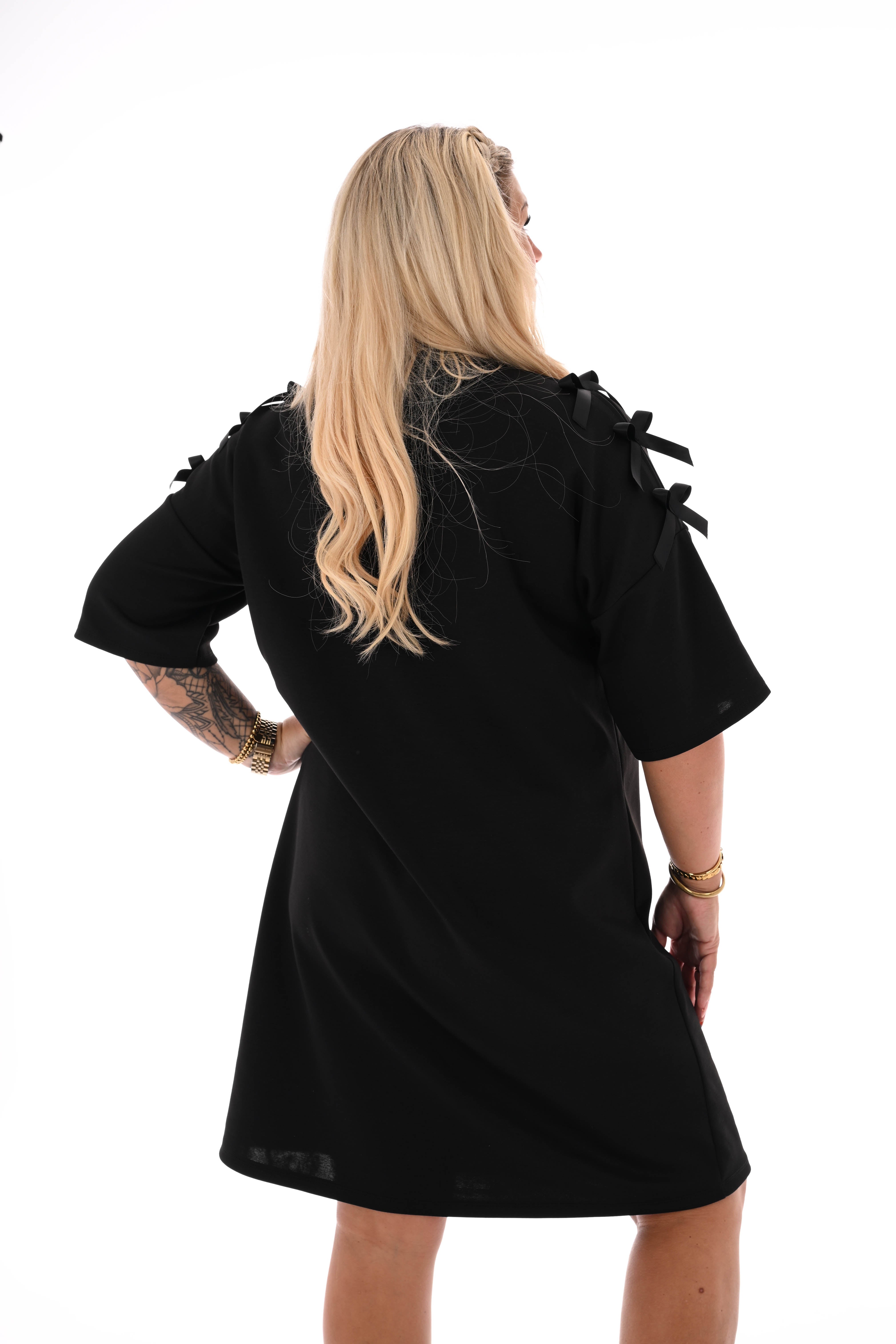 Sweaterdress korte mouwen strikjes zwart