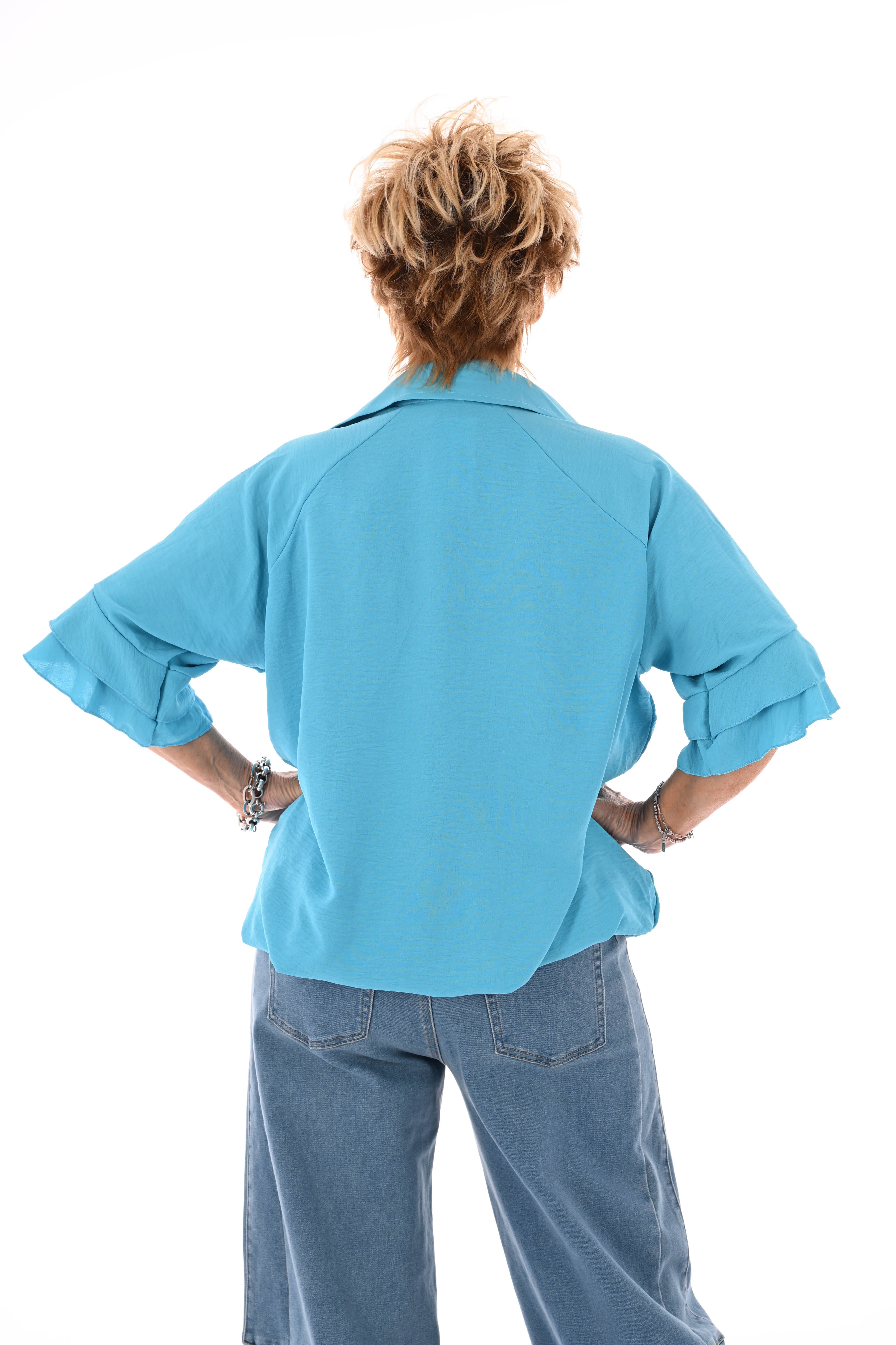 Top v-hals met korte roezelmouwen aquablauw