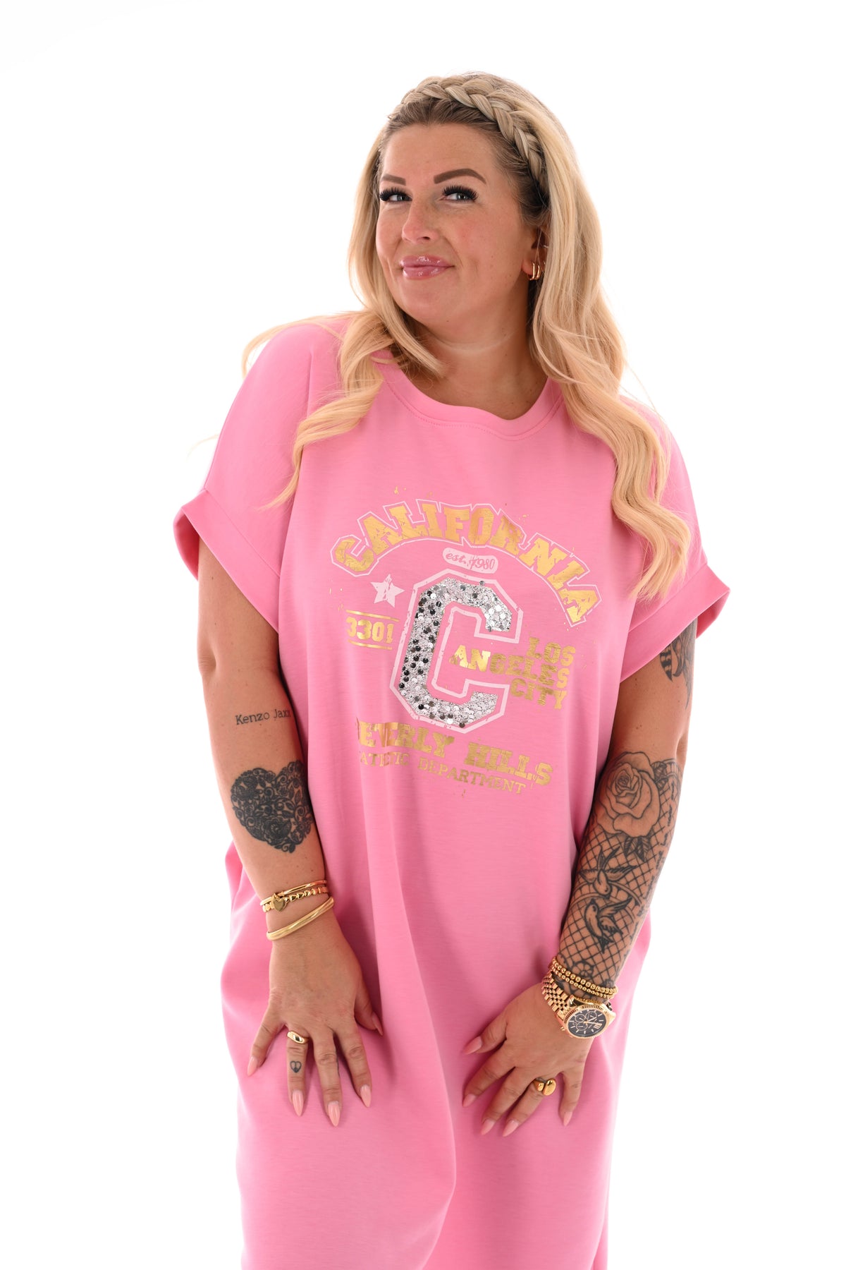 Sweaterdress korte mouwen California roze