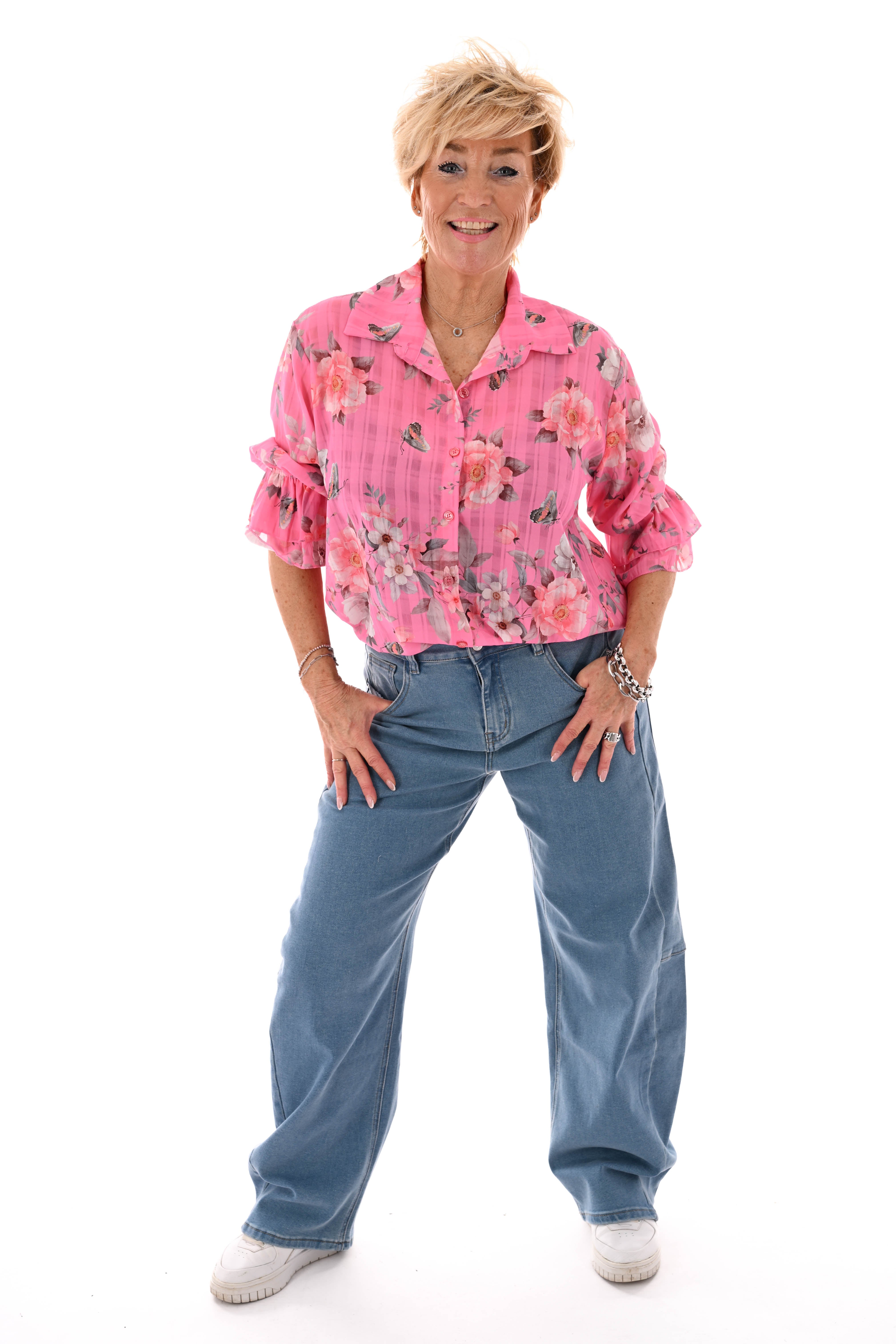 Doorknoop blouse flowers roze