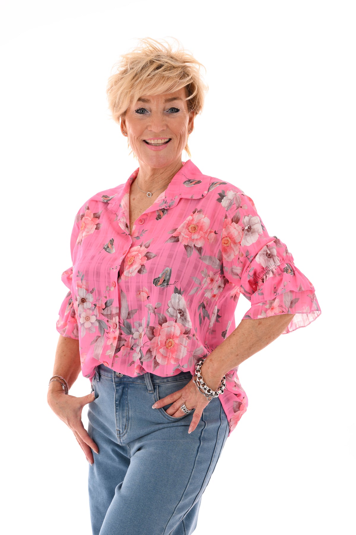 Doorknoop blouse flowers roze