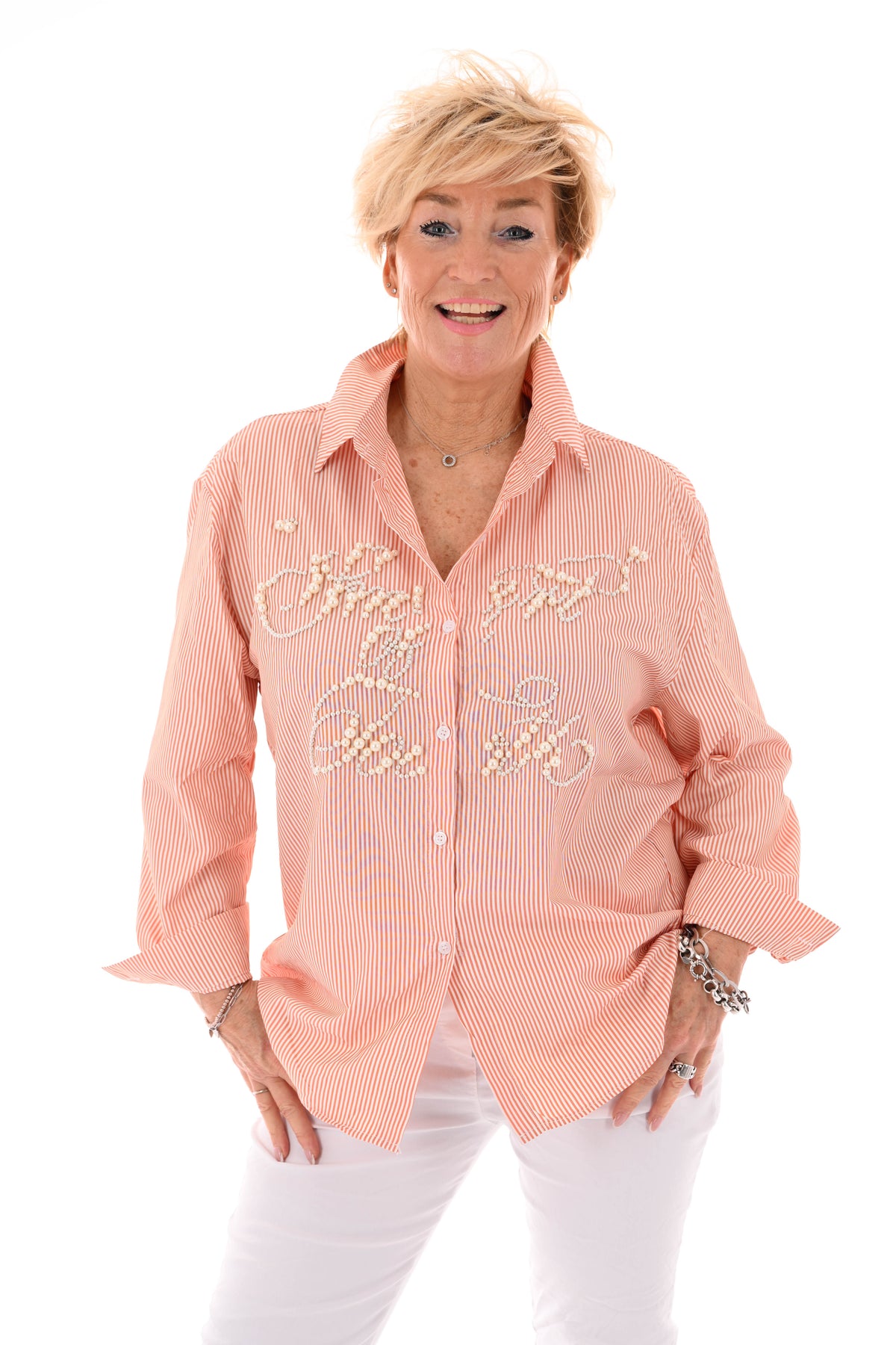 Blouse streepjes en parels oranje