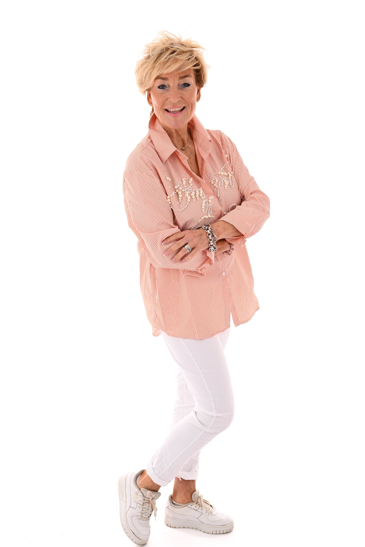 Blouse streepjes en parels oranje