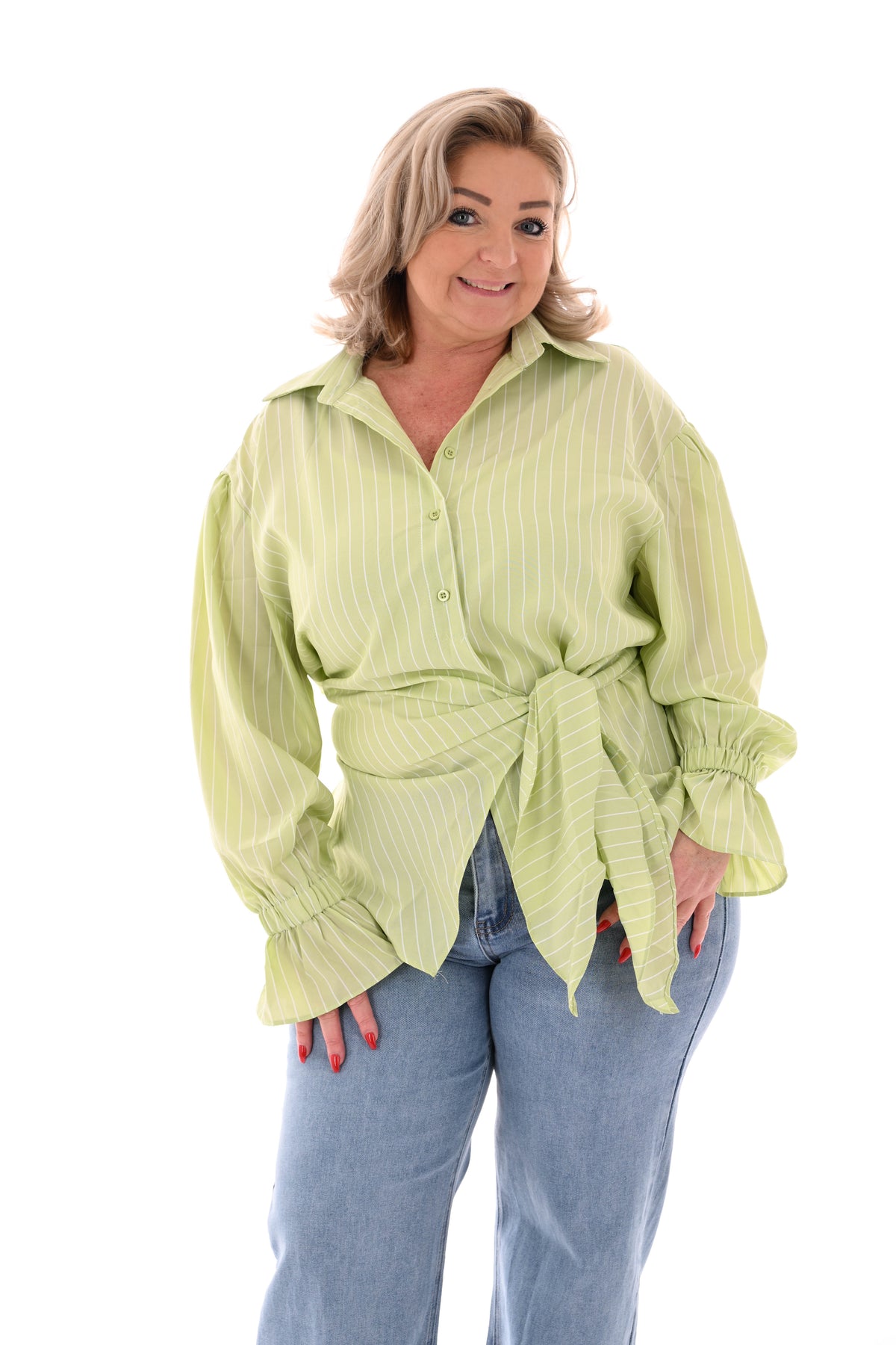 Blouse met fijne streepjes en ceintuur lichtgroen